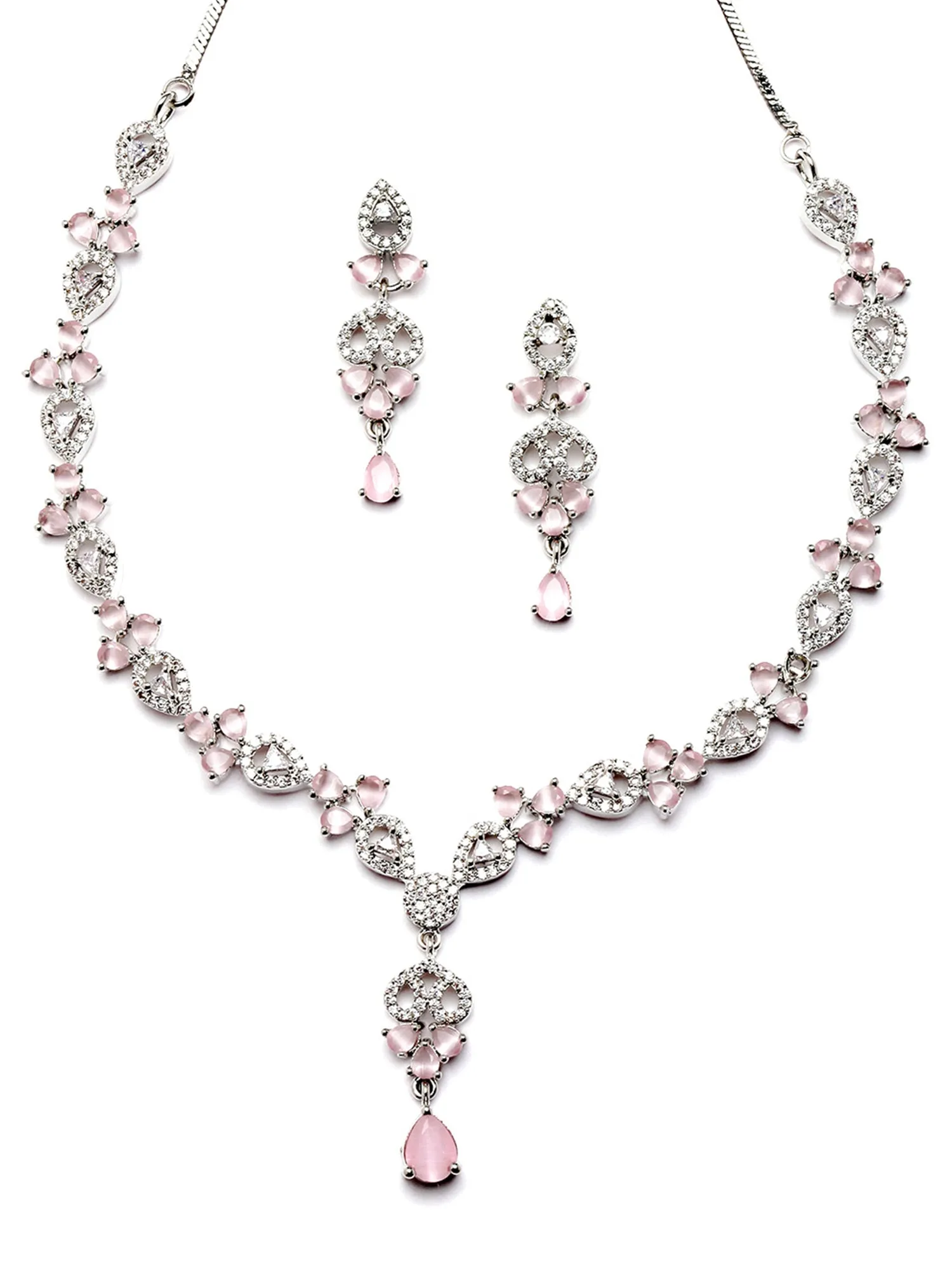 Karatcart Silver Plated Pink Cubic Zirconia Studded Necklace Set