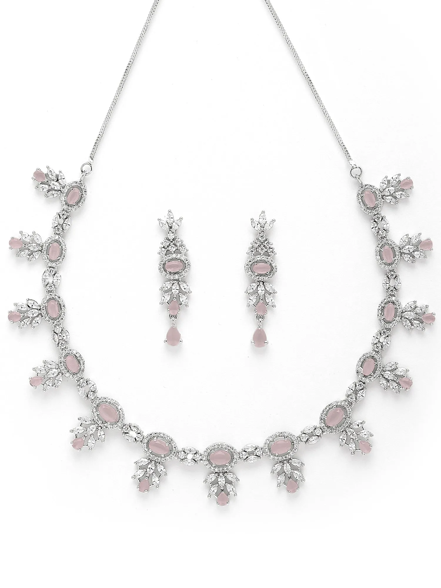 Karatcart Silver Plated Pink CZ Studded Necklace with Earrings