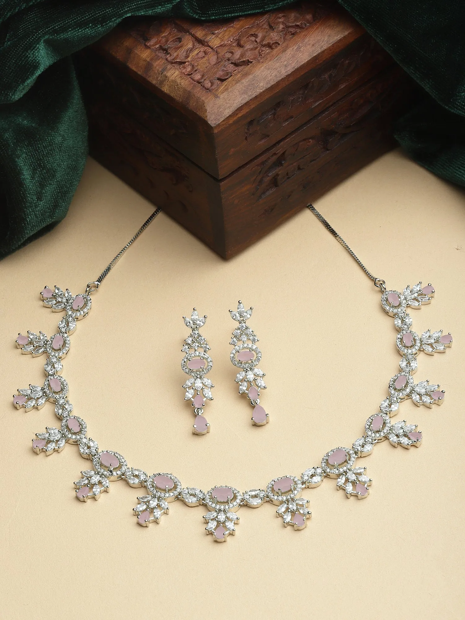 Karatcart Silver Plated Pink CZ Studded Necklace with Earrings