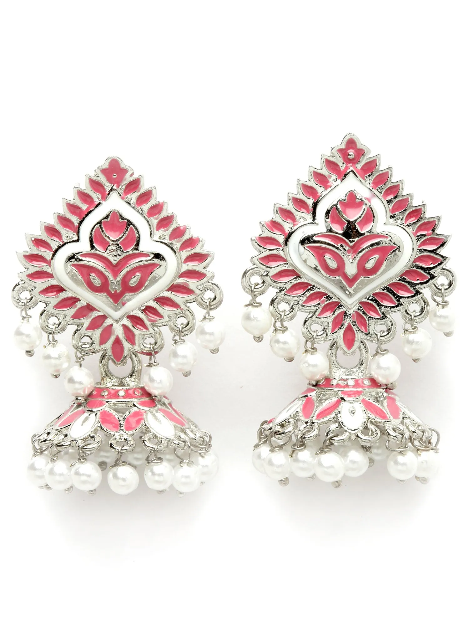 Karatcart Silver Plated Pink Meena Jhumki Earrings for Women