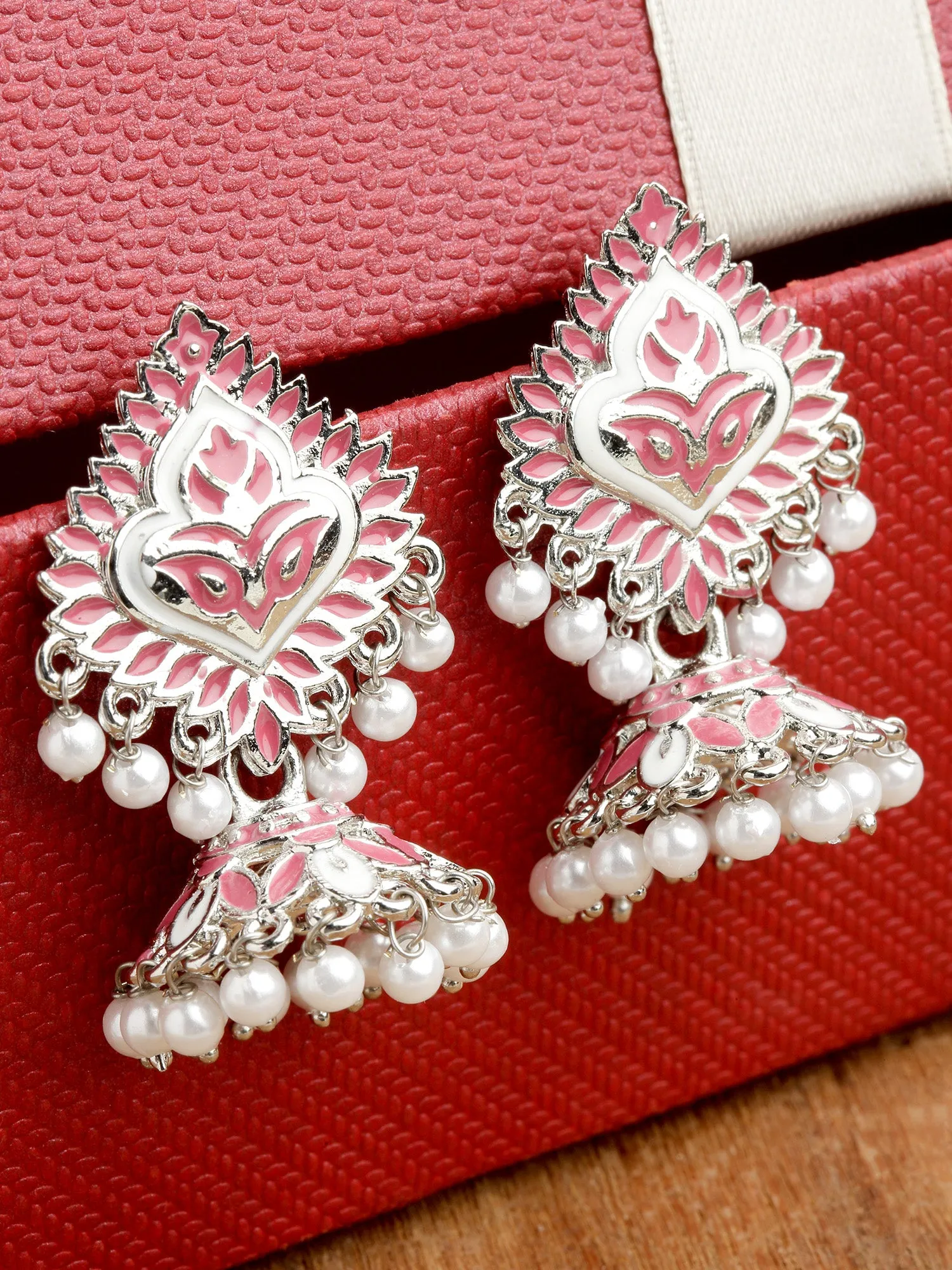 Karatcart Silver Plated Pink Meena Jhumki Earrings for Women