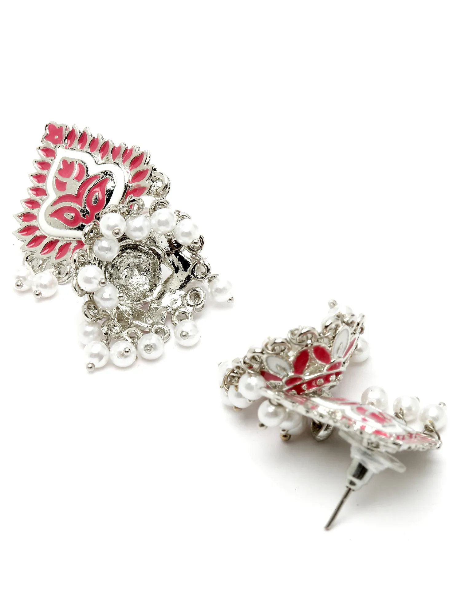 Karatcart Silver Plated Pink Meena Jhumki Earrings for Women