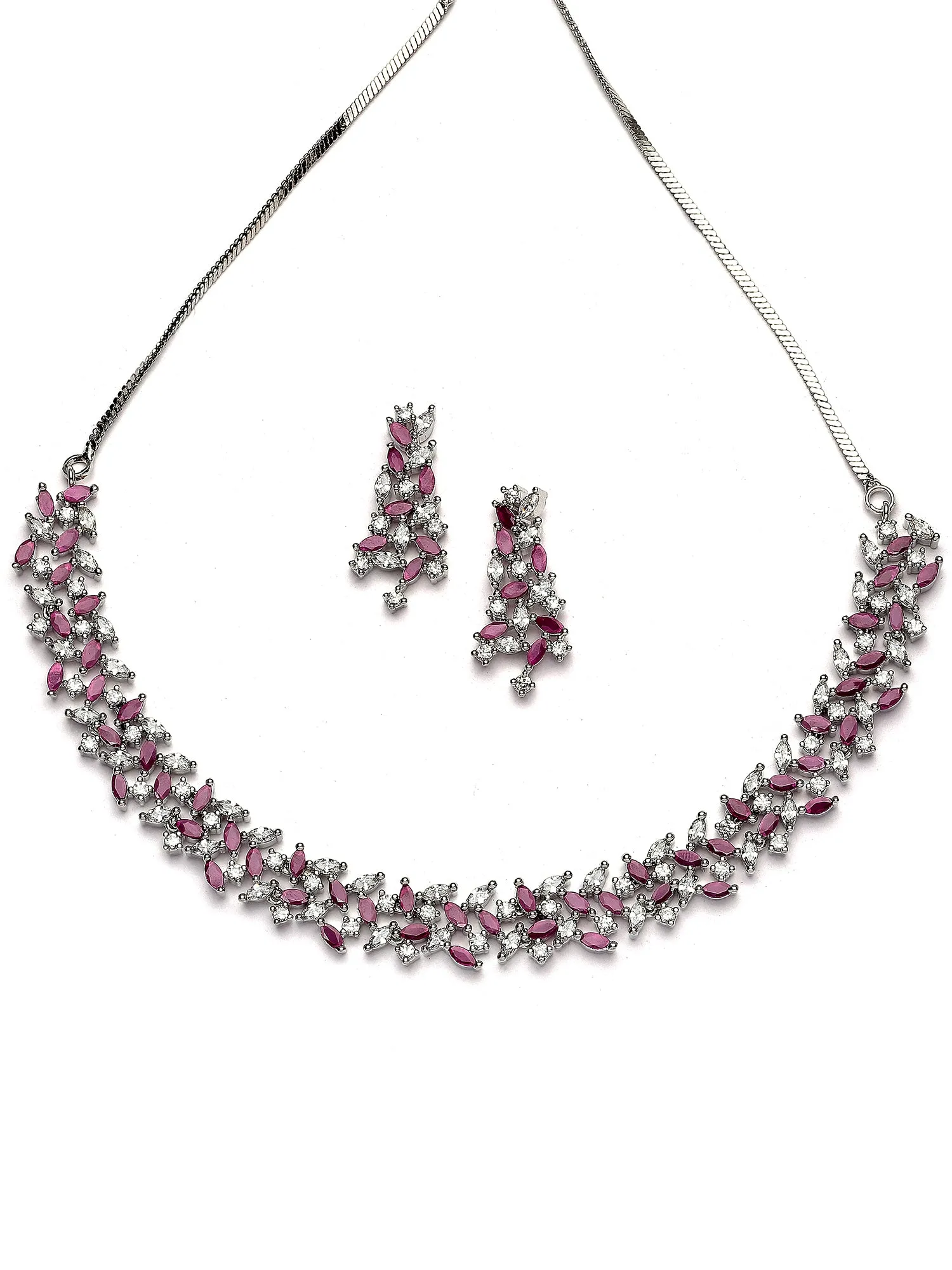 Karatcart Silver Plated Purple and White Cubic Zirconia Studded Necklace Set