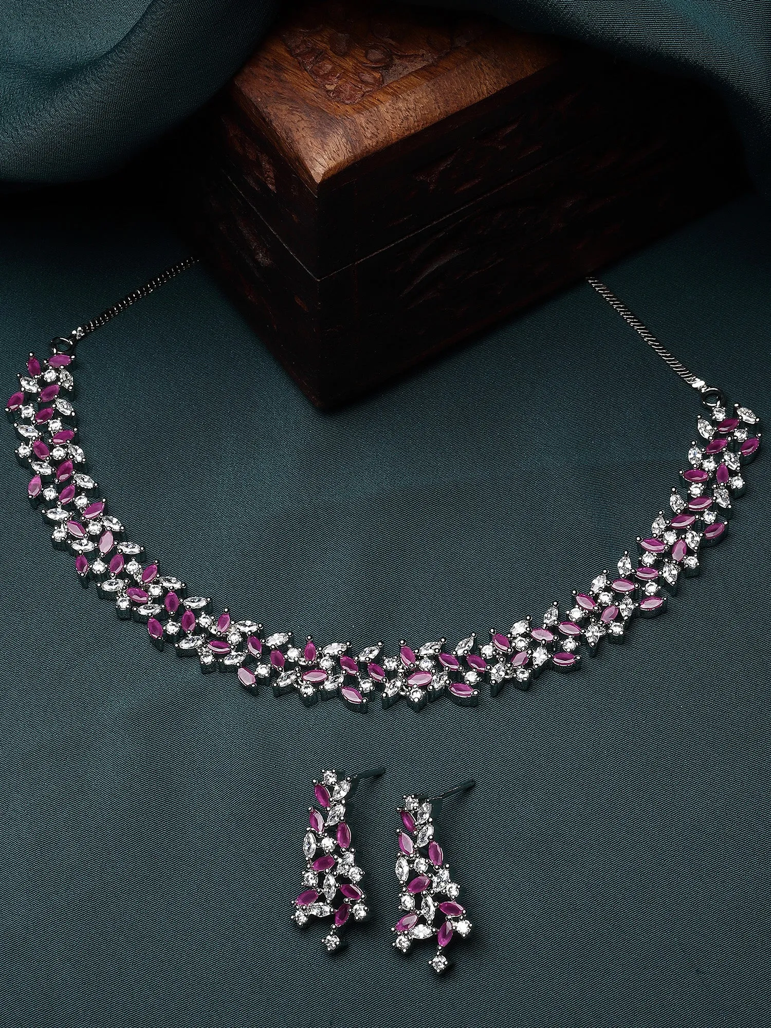 Karatcart Silver Plated Purple and White Cubic Zirconia Studded Necklace Set