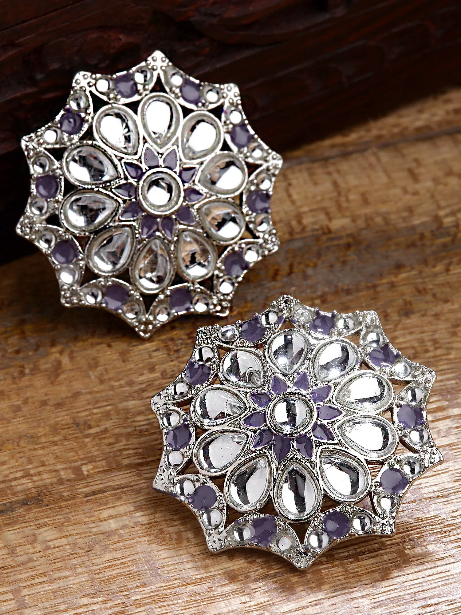 Karatcart Silver Plated Purple Meena and White Kundan Stud Earrings for Women