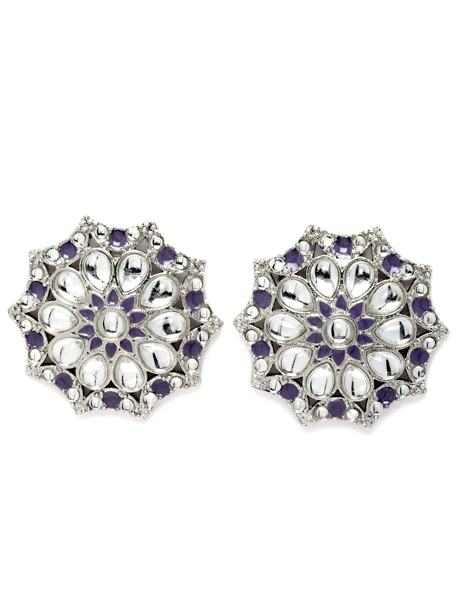 Karatcart Silver Plated Purple Meena and White Kundan Stud Earrings for Women