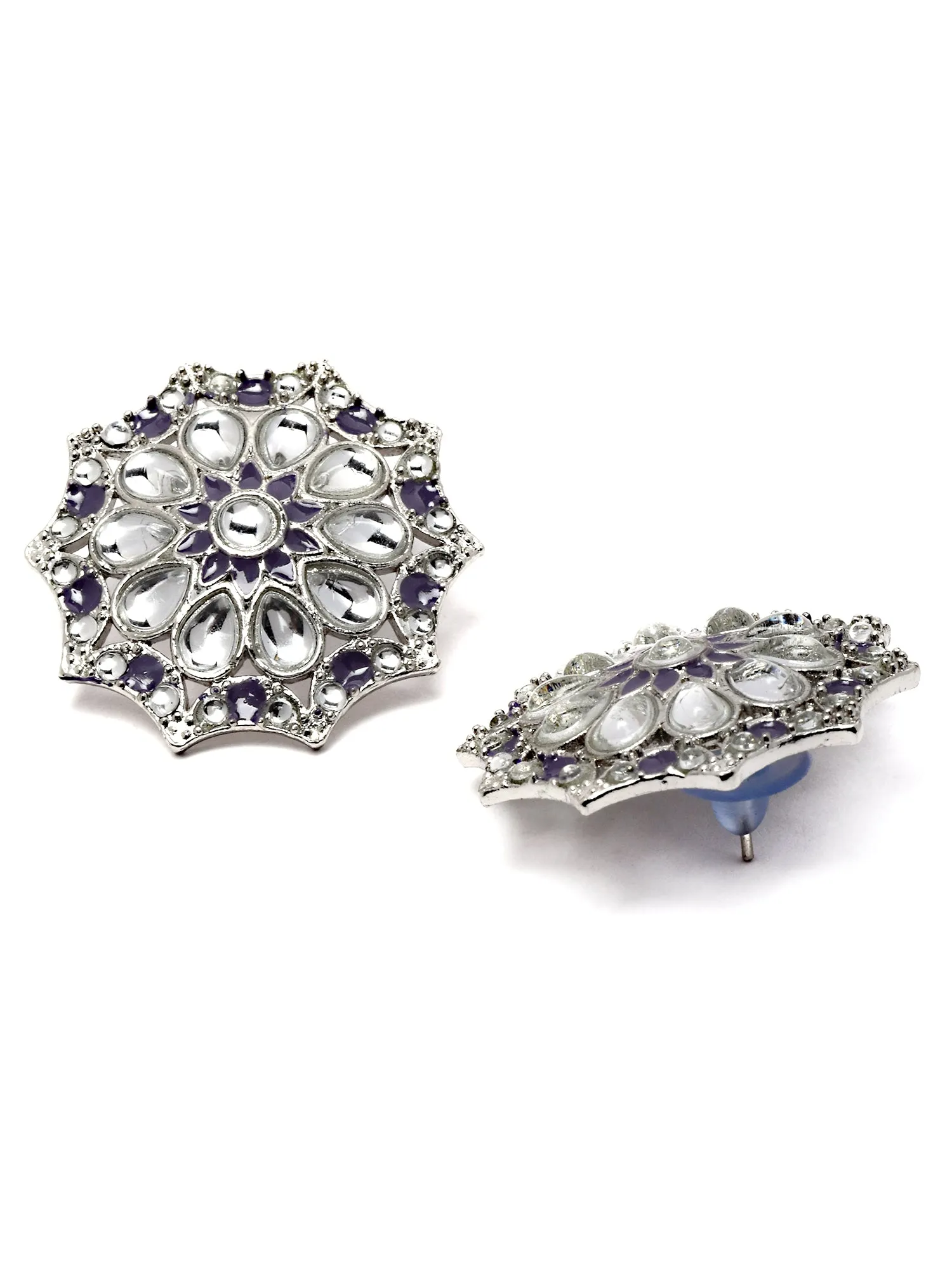 Karatcart Silver Plated Purple Meena and White Kundan Stud Earrings for Women