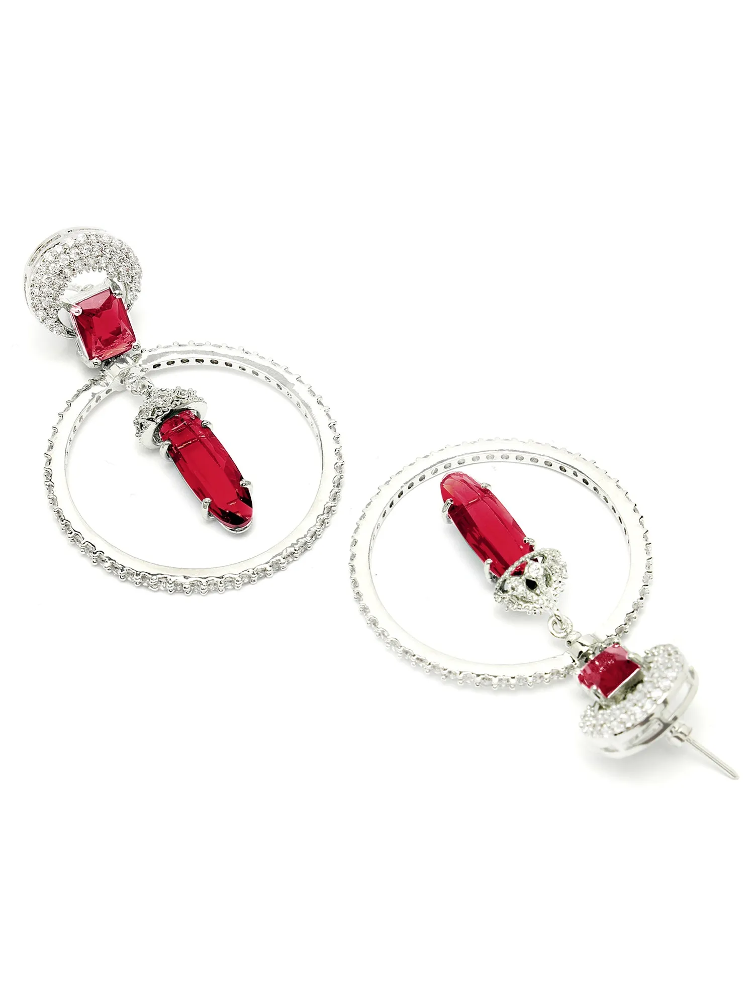 Karatcart Silver Plated Red Cubic Zirconia Studded Dangler Hoop Earrings for Women