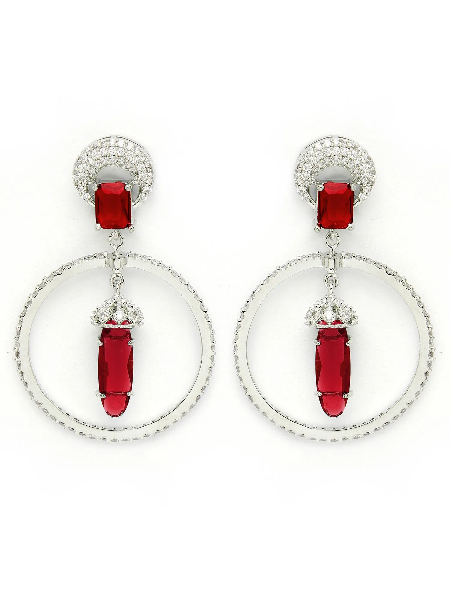 Karatcart Silver Plated Red Cubic Zirconia Studded Dangler Hoop Earrings for Women