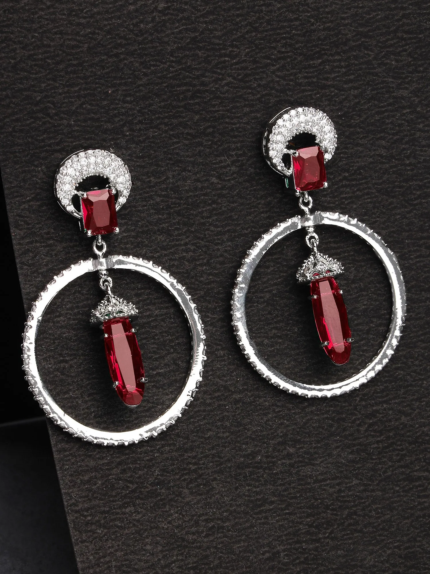 Karatcart Silver Plated Red Cubic Zirconia Studded Dangler Hoop Earrings for Women