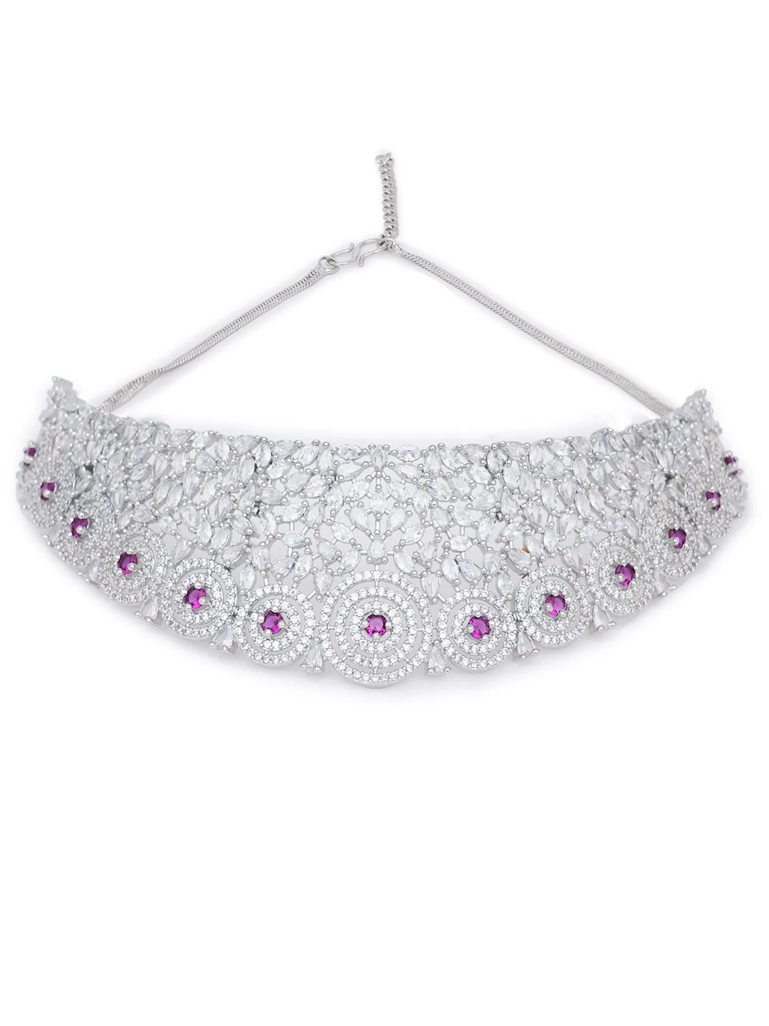 Karatcart Silver Plated Red CZ Stone Studded Choker Necklace Set for Women