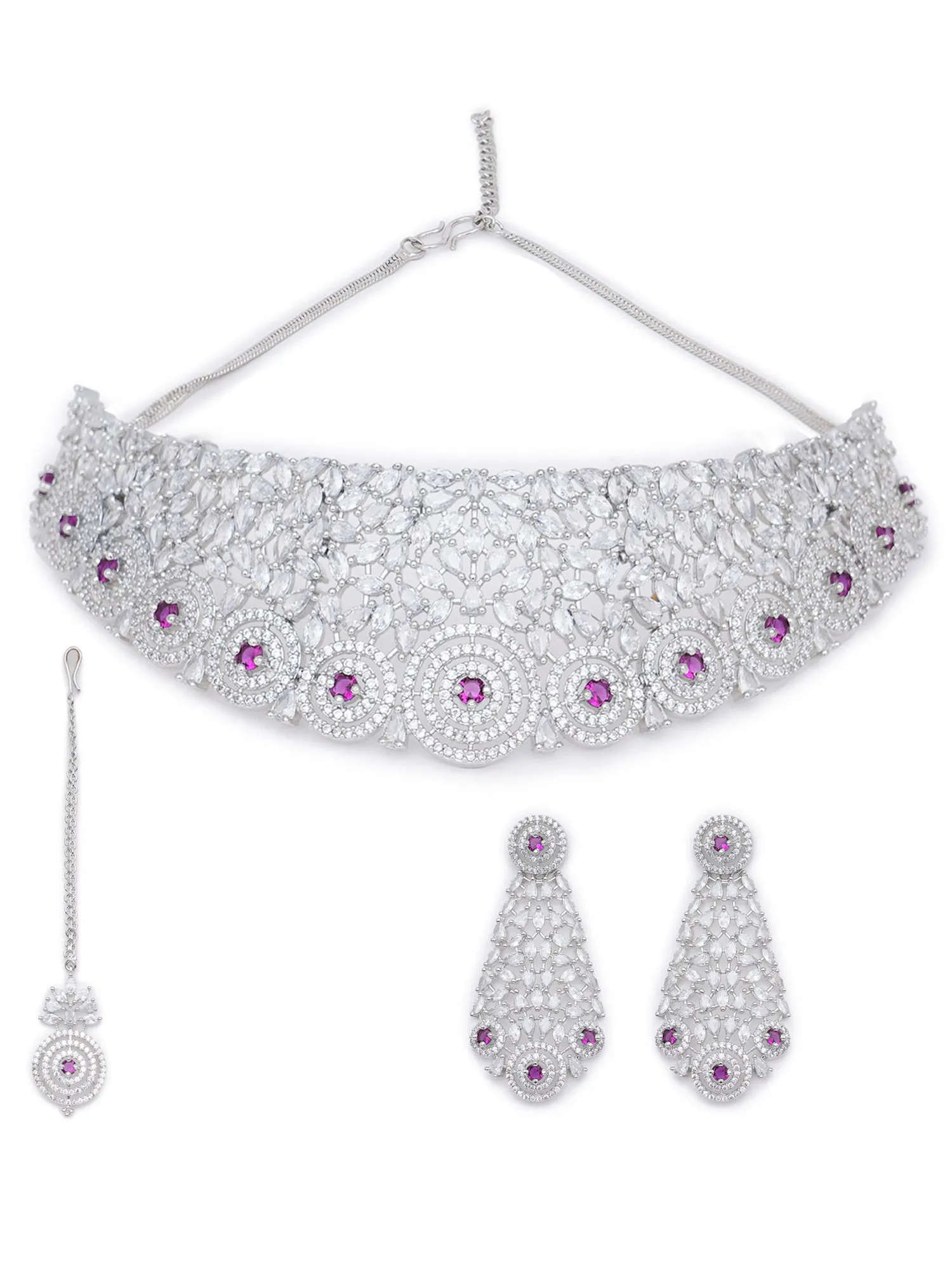 Karatcart Silver Plated Red CZ Stone Studded Choker Necklace Set for Women