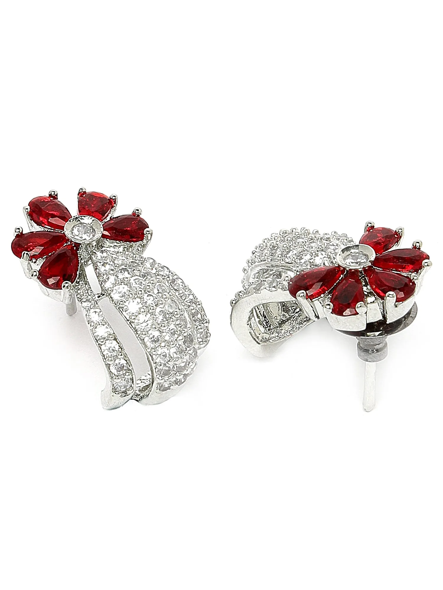Karatcart Silver Plated Red Stones Floral Design AD Stud Earrings for Women