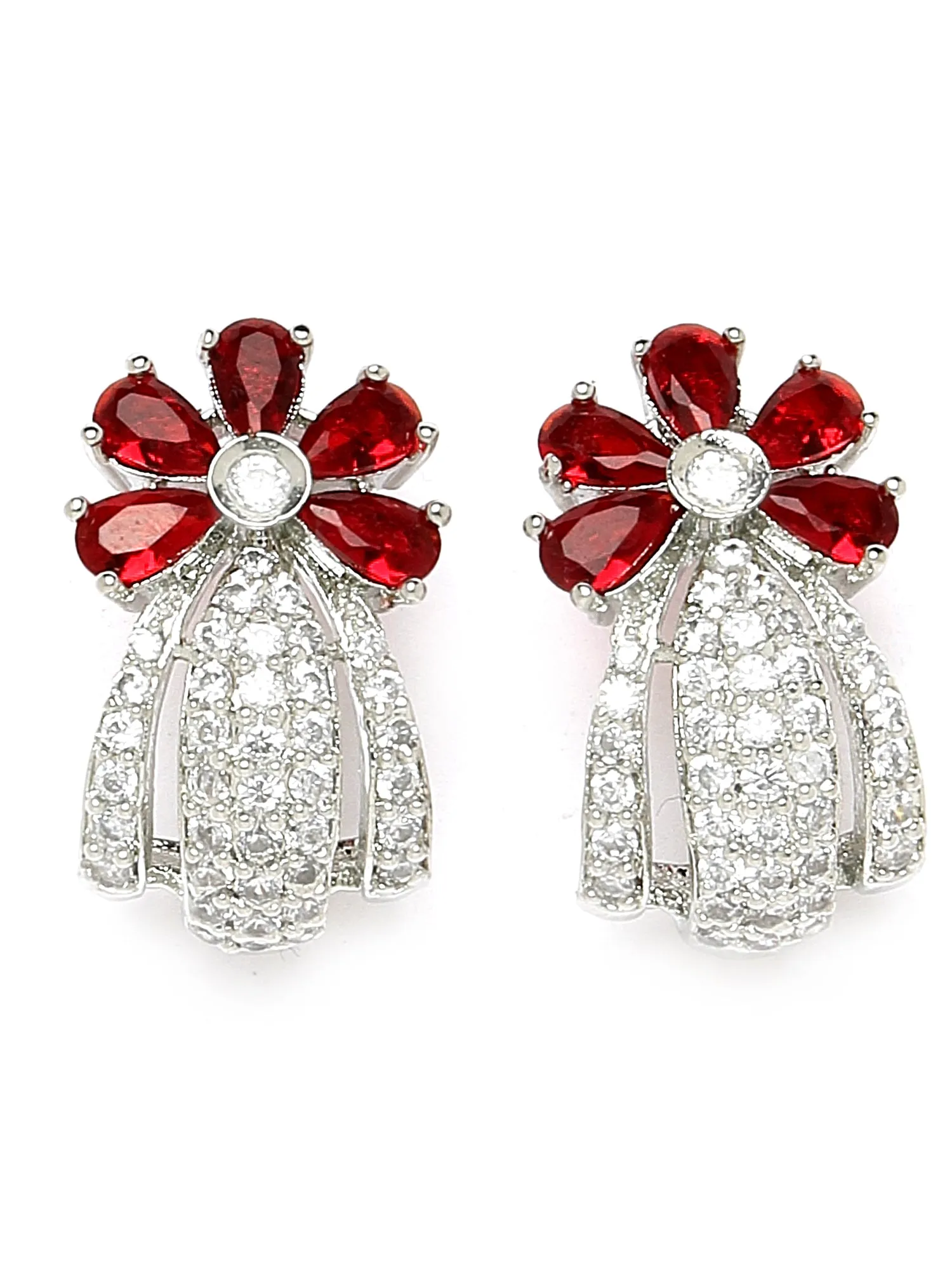Karatcart Silver Plated Red Stones Floral Design AD Stud Earrings for Women