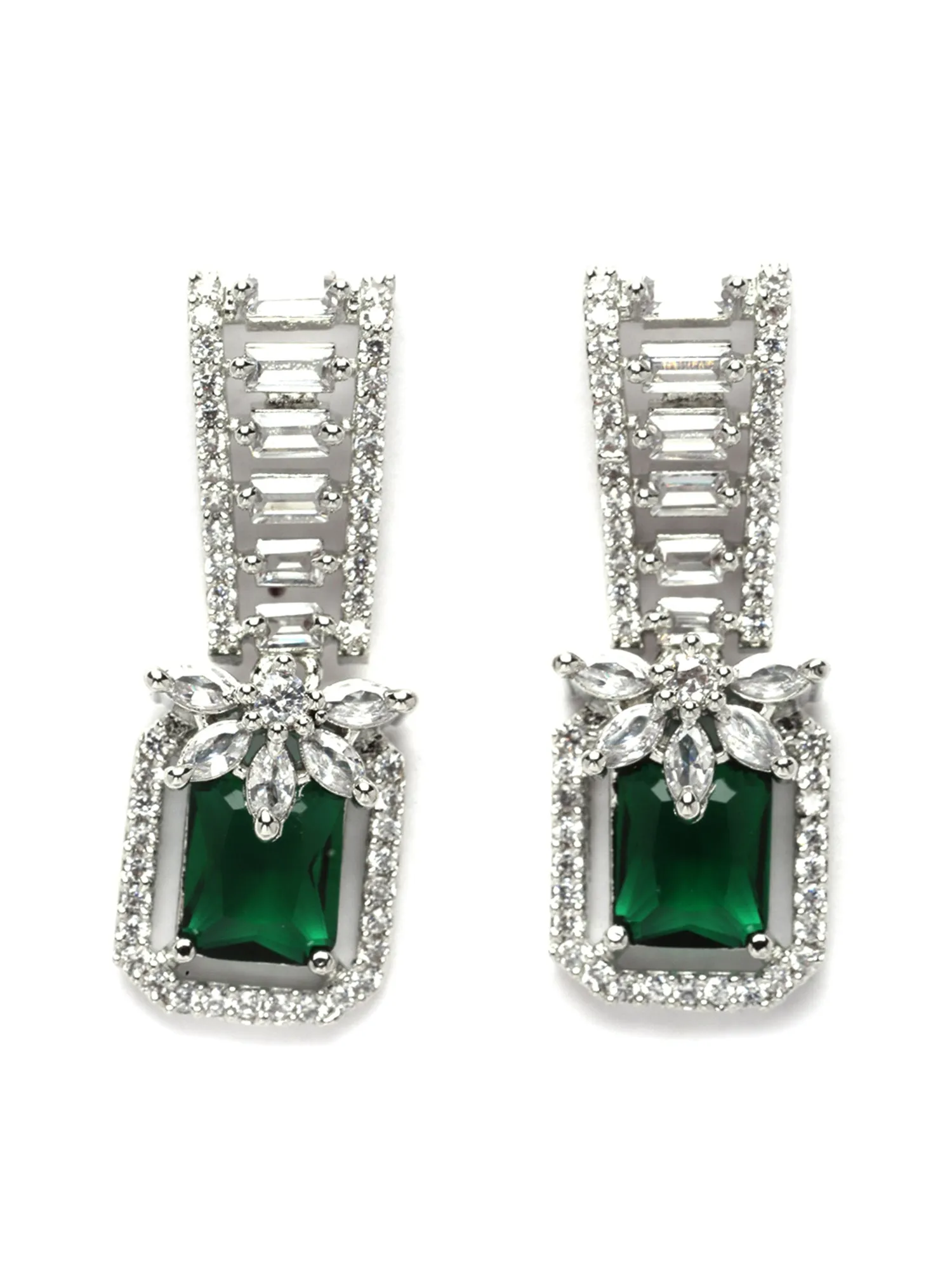 Karatcart Silver Plated Square Green Cubic Zirconia Stud Earrings for Women