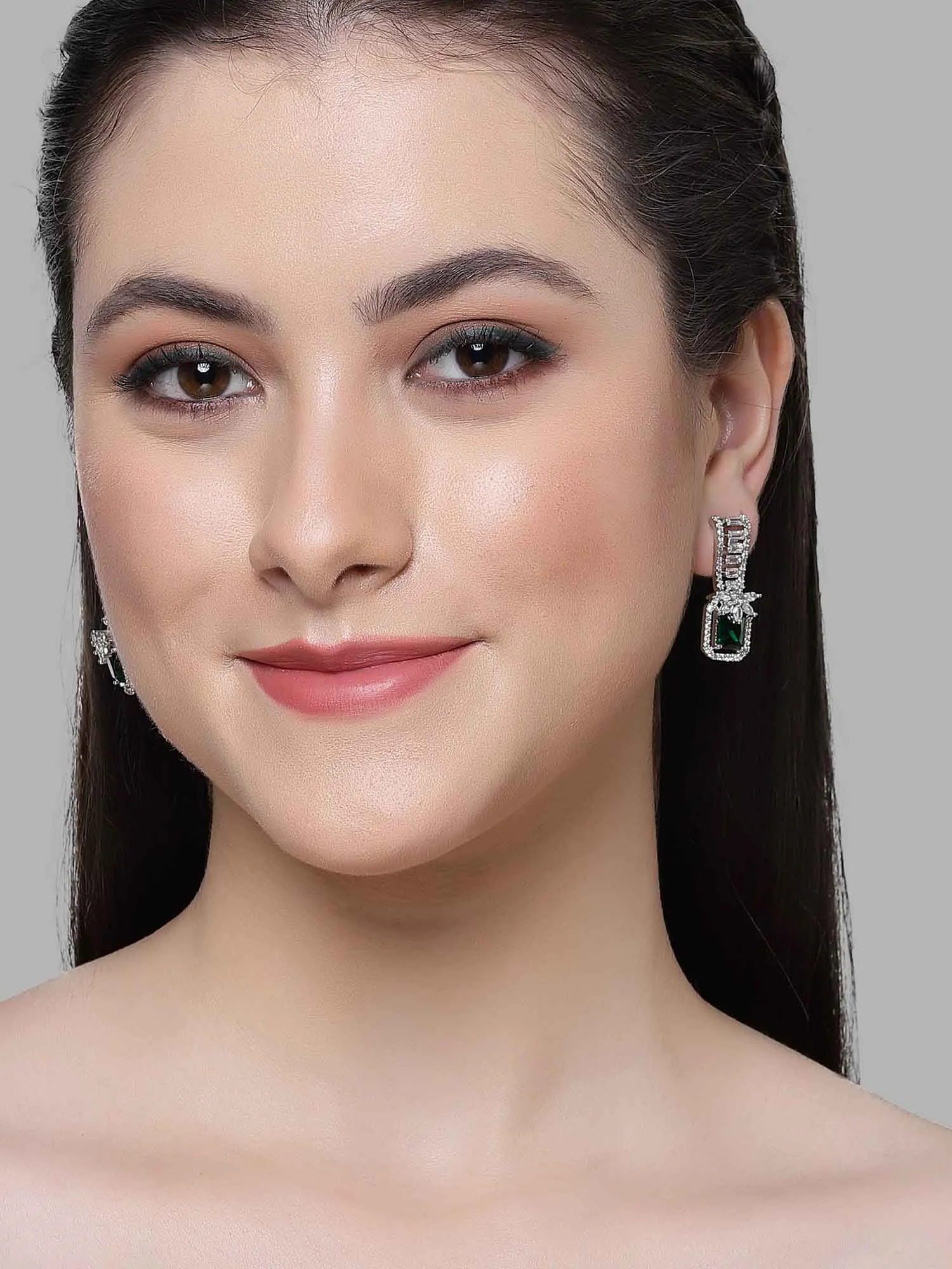 Karatcart Silver Plated Square Green Cubic Zirconia Stud Earrings for Women