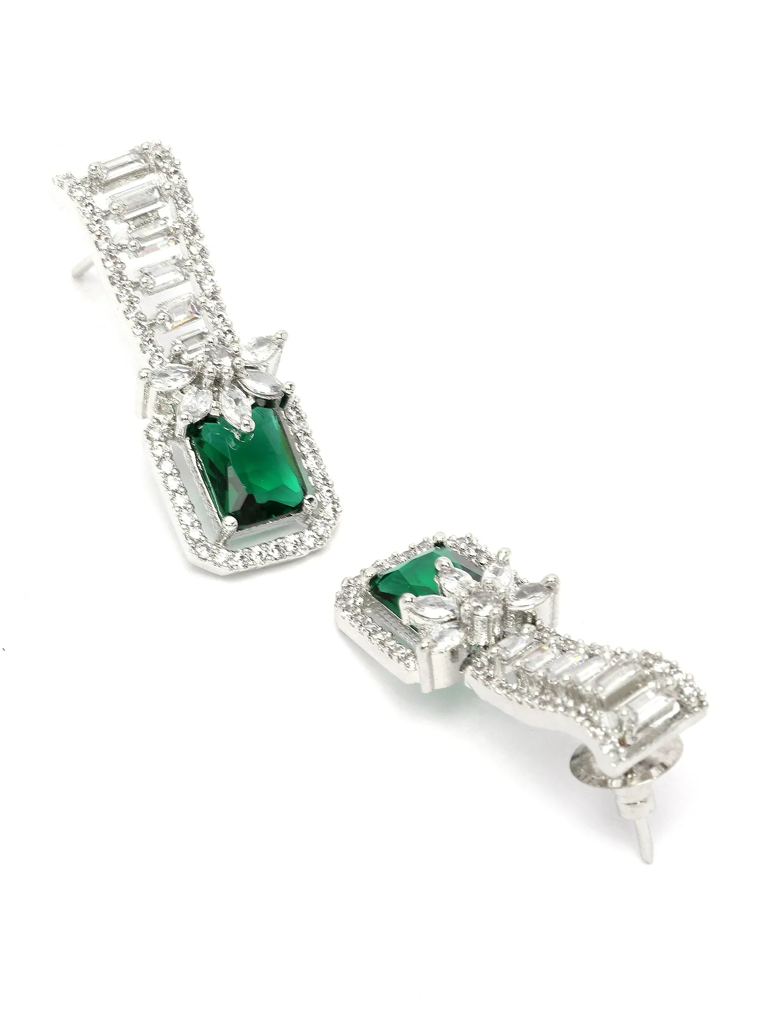 Karatcart Silver Plated Square Green Cubic Zirconia Stud Earrings for Women