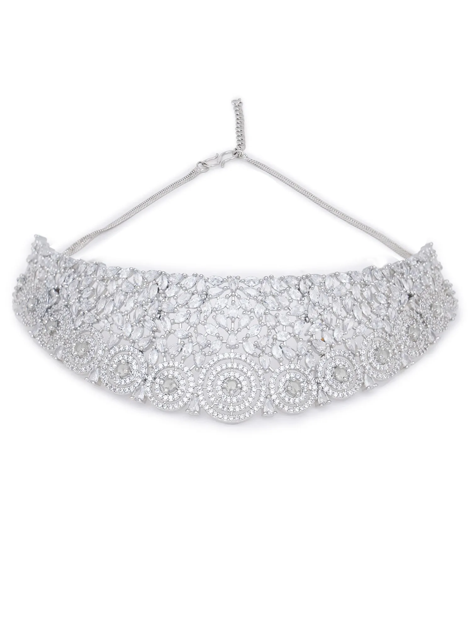 Karatcart Silver Plated White CZ Stone Studded Choker Necklace Set for Women