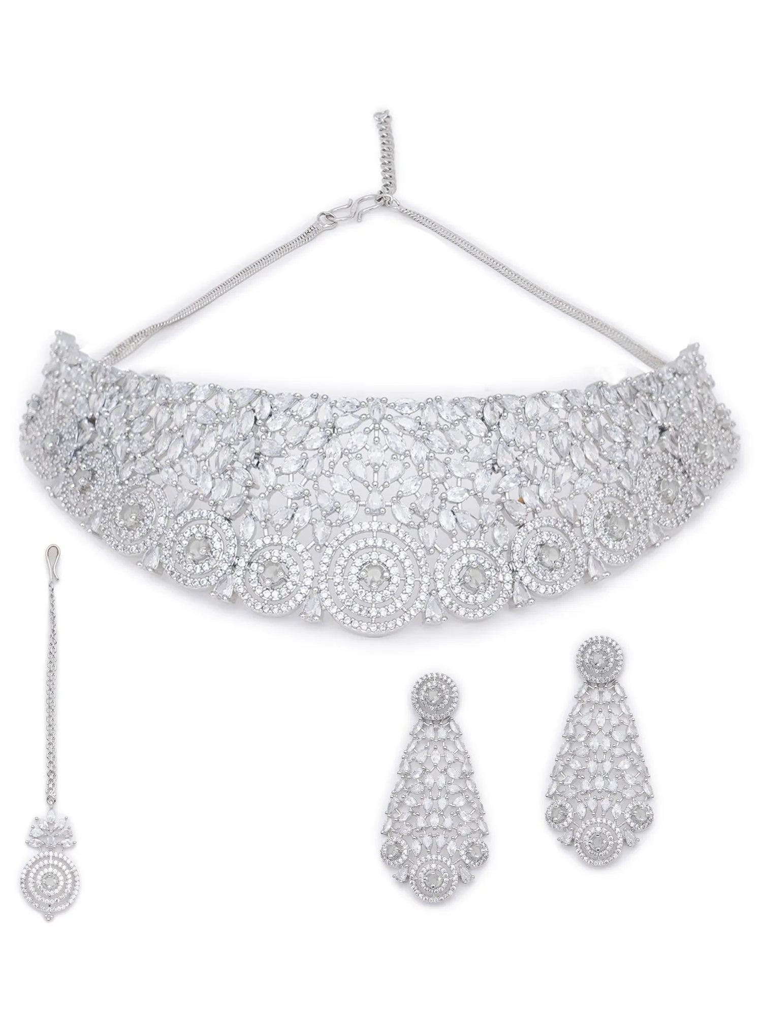 Karatcart Silver Plated White CZ Stone Studded Choker Necklace Set for Women