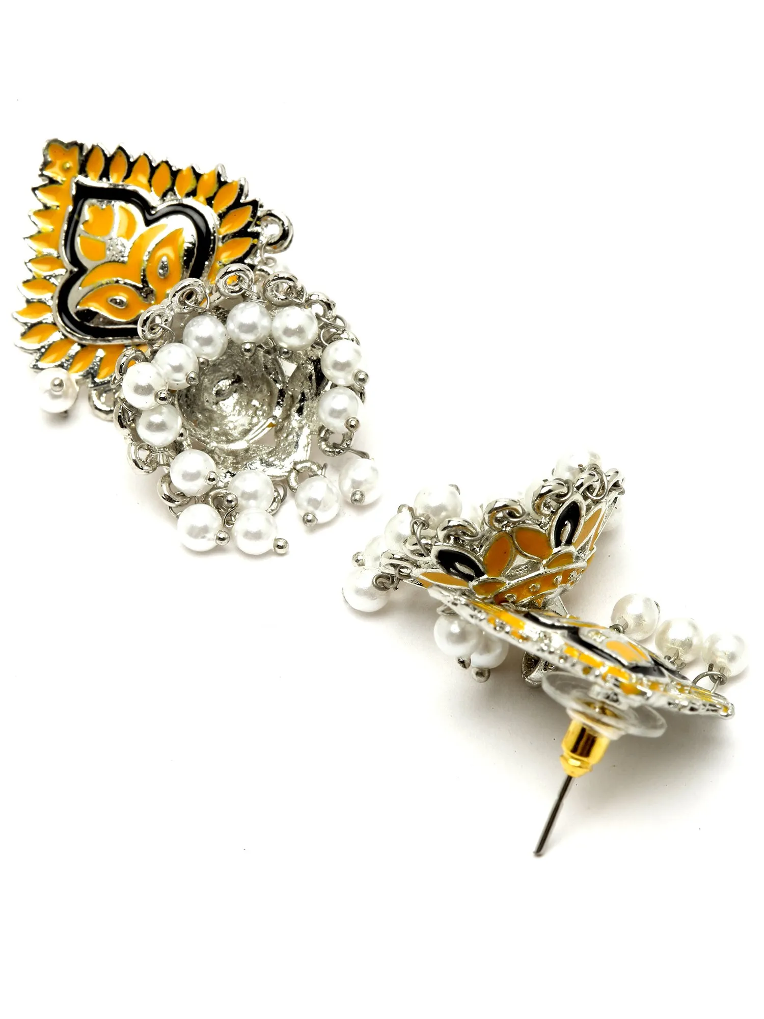 Karatcart Silver Plated Yellow Meena Jhumki Earrings for Women