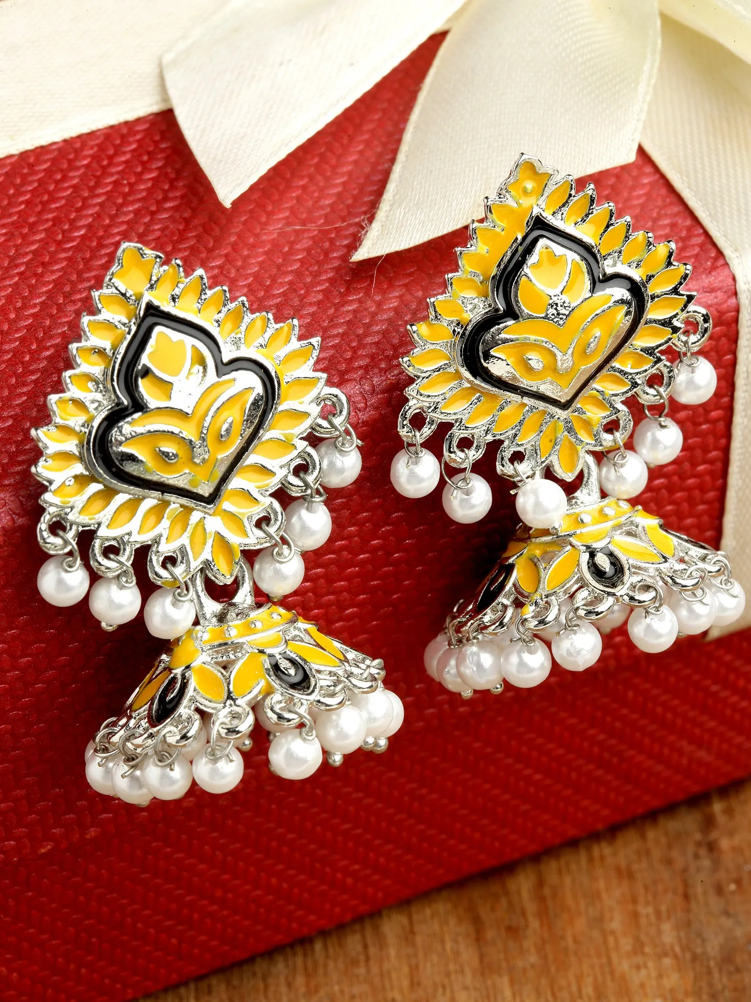 Karatcart Silver Plated Yellow Meena Jhumki Earrings for Women
