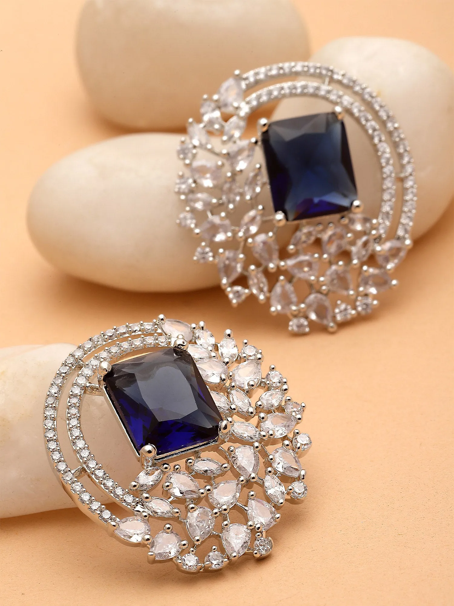 Karatcart Silver Tone Blue Cubic Zirconia Stud Earrings