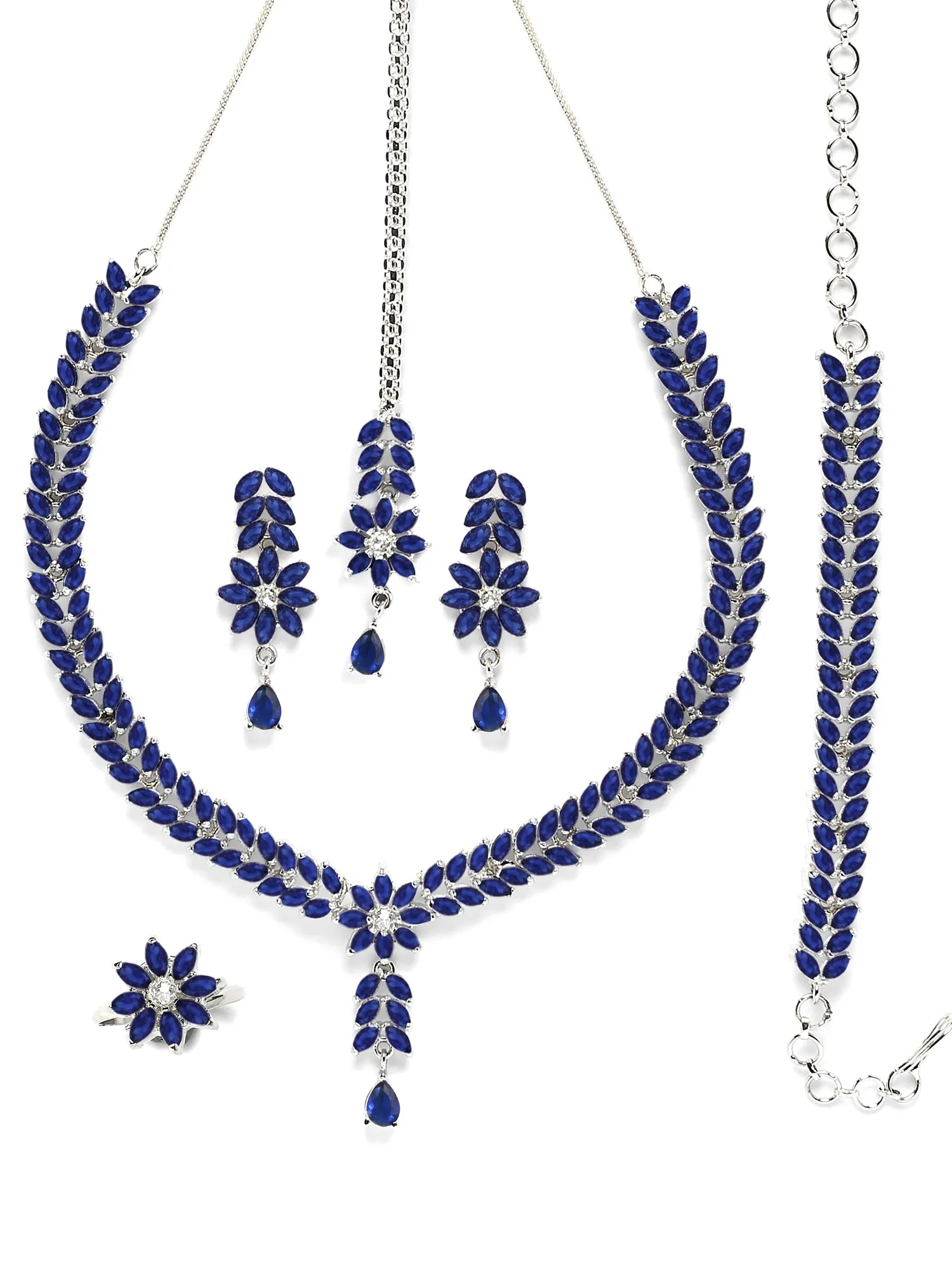 Karatcart Silver Tone Blue Cubic Zirconia Studded Jewellery Set for Women