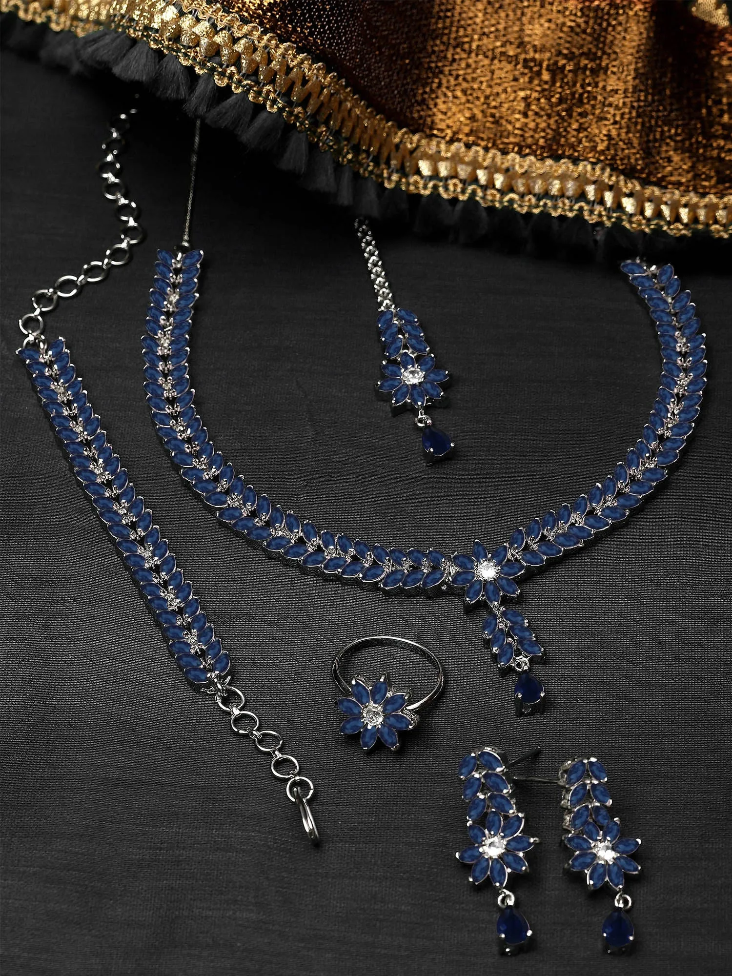 Karatcart Silver Tone Blue Cubic Zirconia Studded Jewellery Set for Women