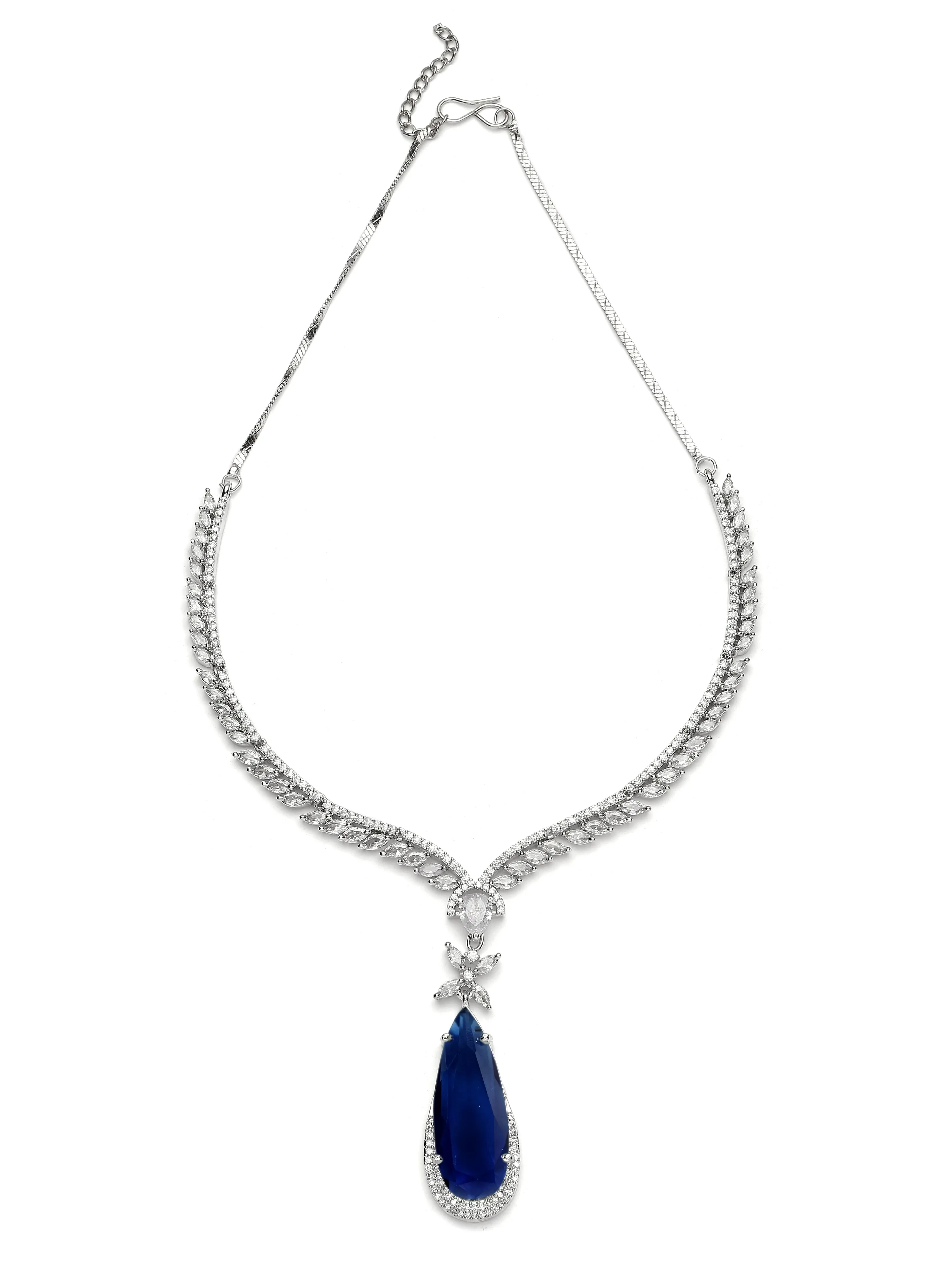Karatcart Silver Tone Blue Drop Shape Cubic Zirconia Studded Jewellery Set for Women