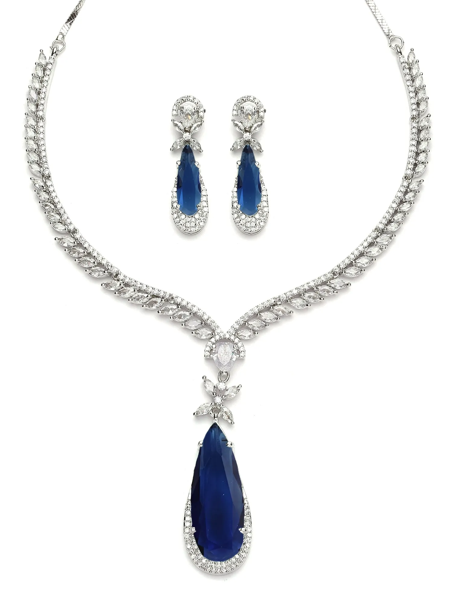 Karatcart Silver Tone Blue Drop Shape Cubic Zirconia Studded Jewellery Set for Women
