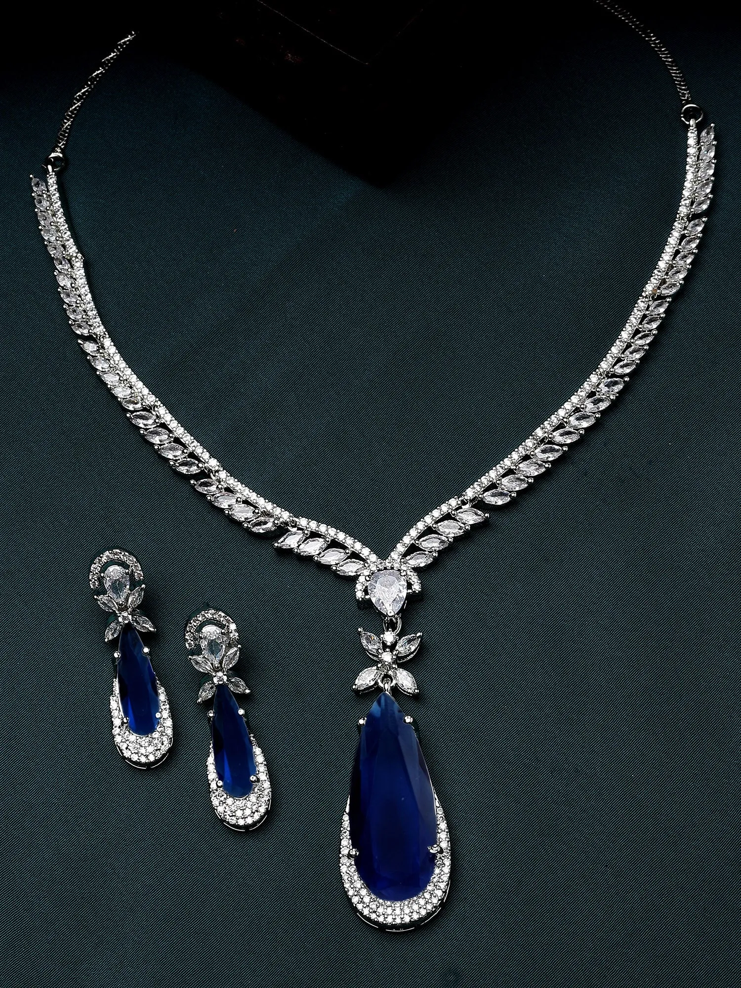 Karatcart Silver Tone Blue Drop Shape Cubic Zirconia Studded Jewellery Set for Women