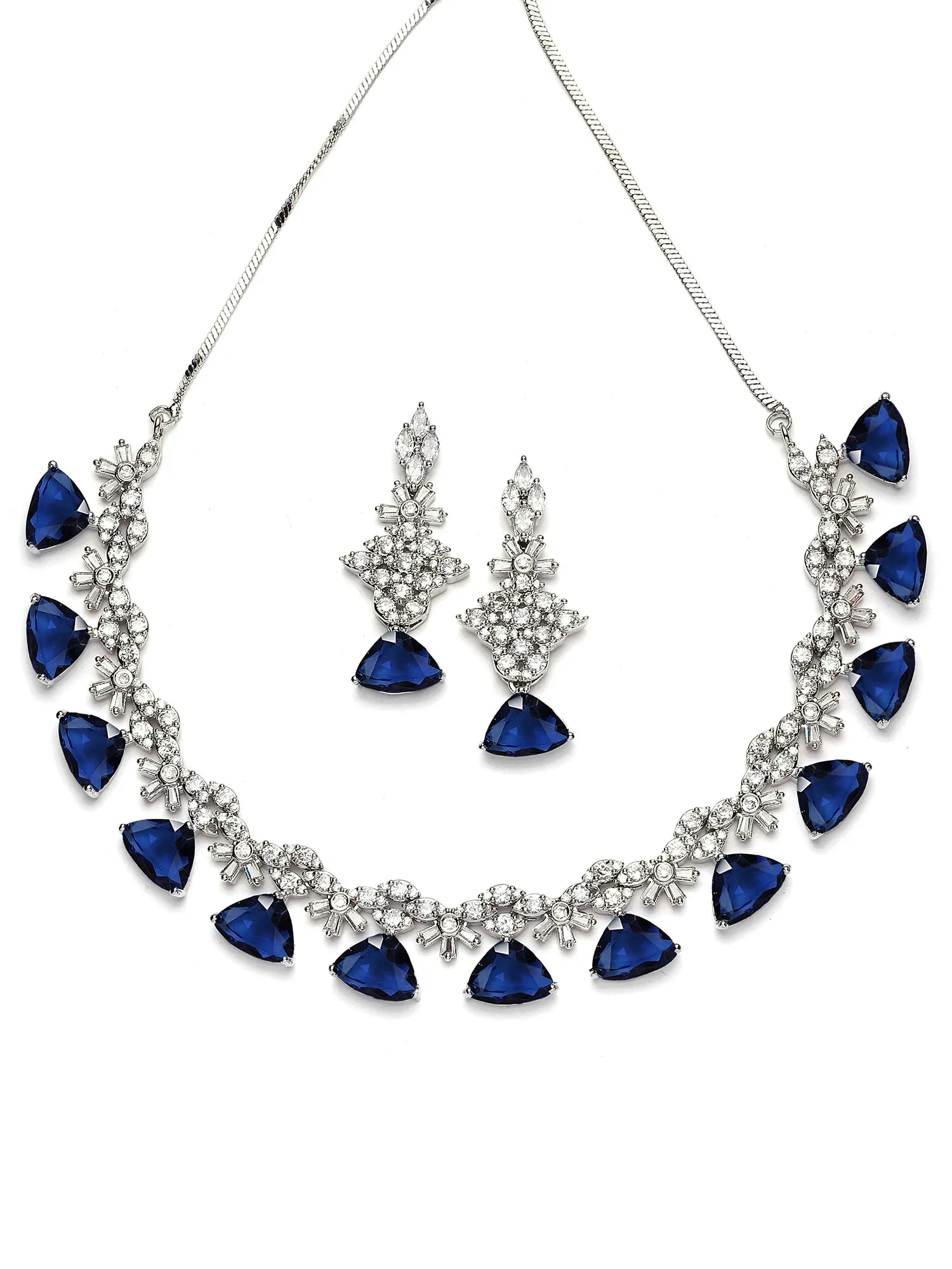 Karatcart Silver Tone Blue Triangular Shape Cubic Zirconia Necklace Set for Women