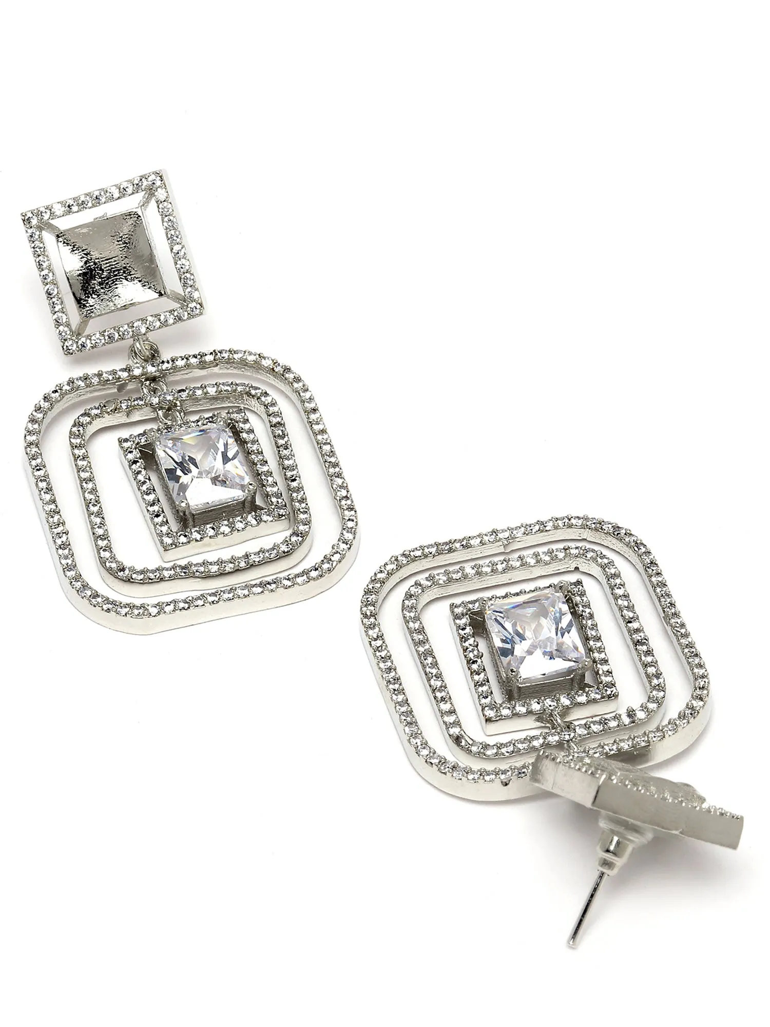 Karatcart Silver Tone Cubic Zirconia Studded Square Dangler Earrings for Women