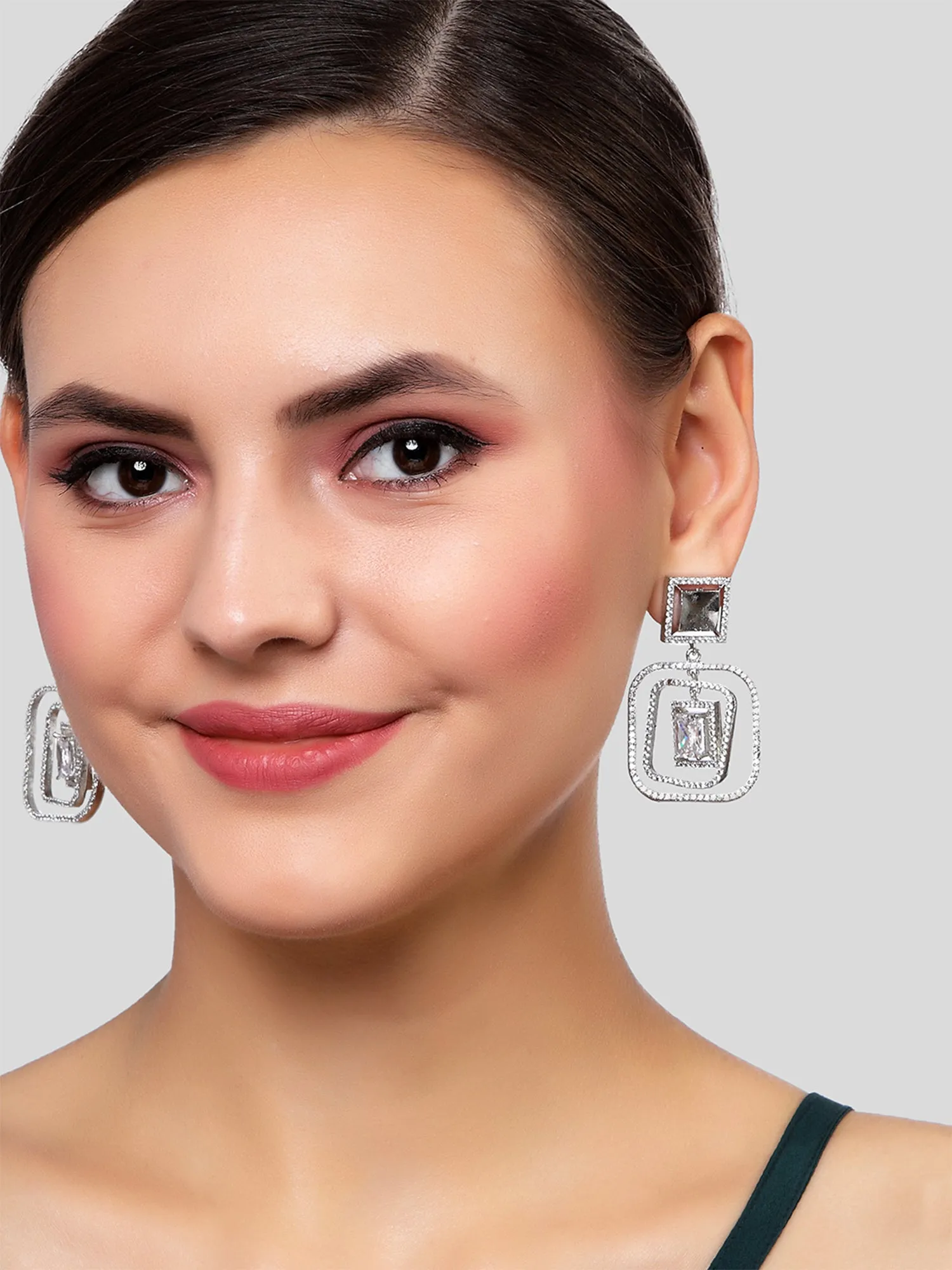 Karatcart Silver Tone Cubic Zirconia Studded Square Dangler Earrings for Women