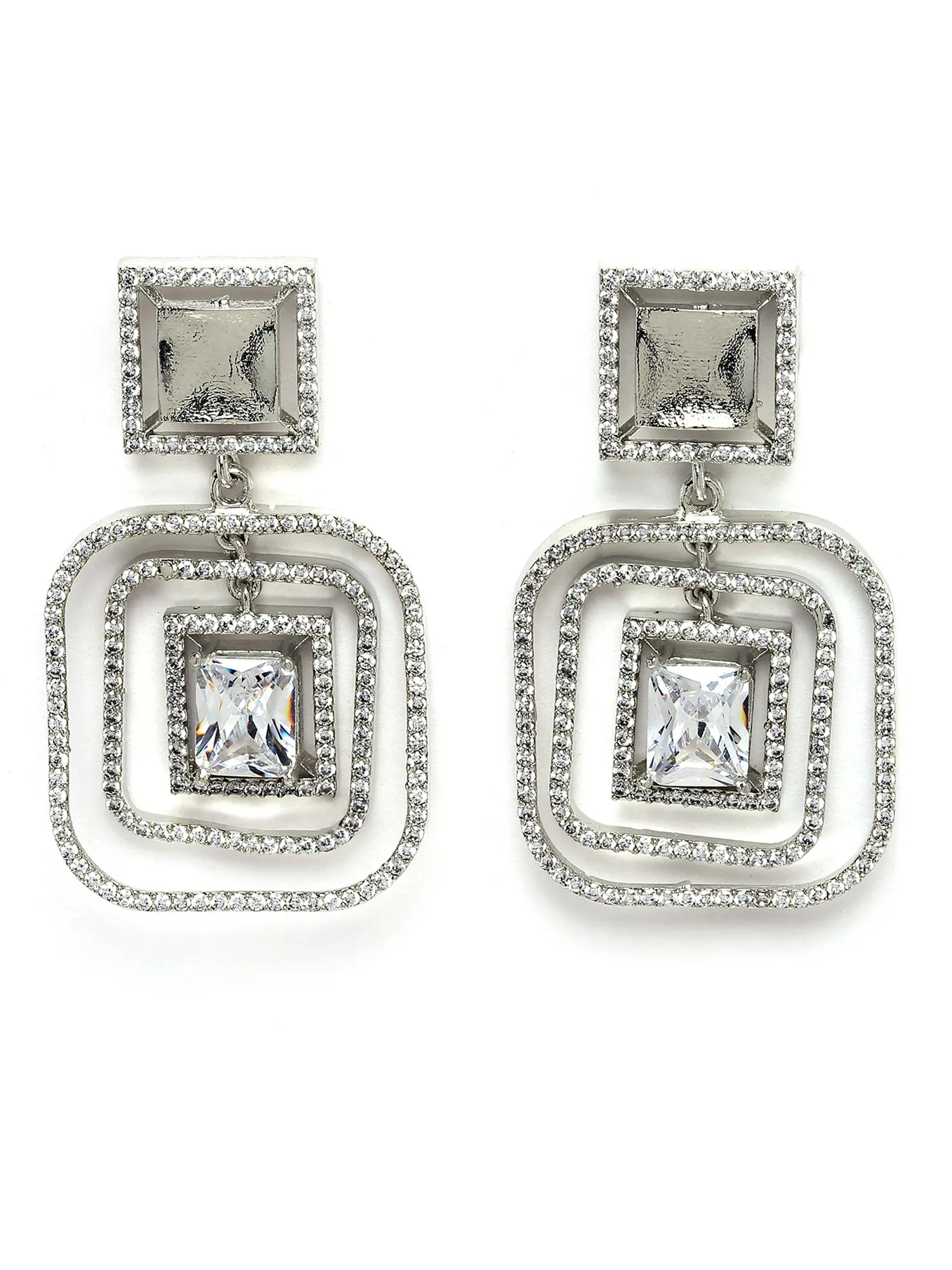 Karatcart Silver Tone Cubic Zirconia Studded Square Dangler Earrings for Women