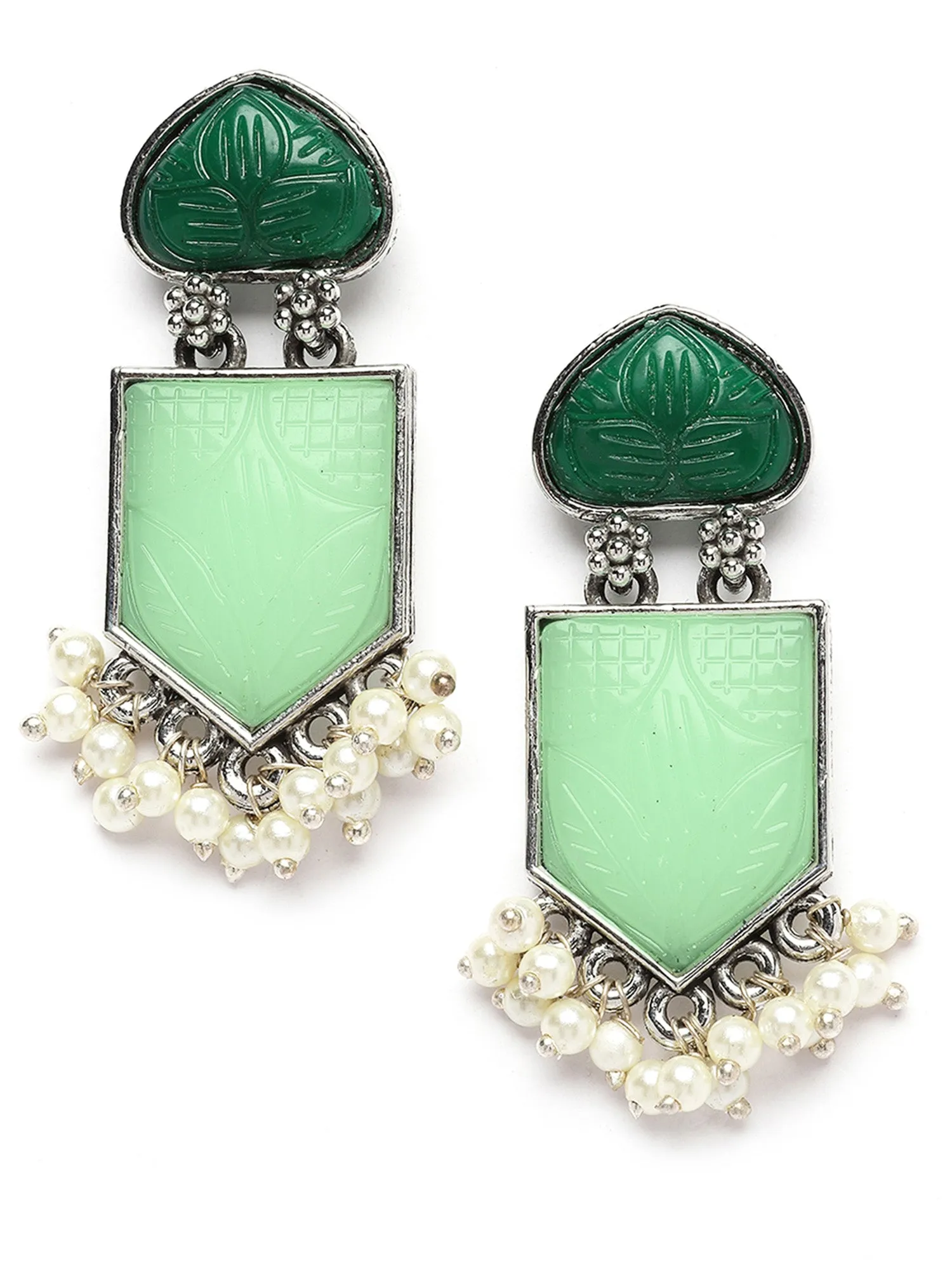 Karatcart Silver Tone Dark Green & Lime Green Carved Stone Studded Drop Earrings for Women