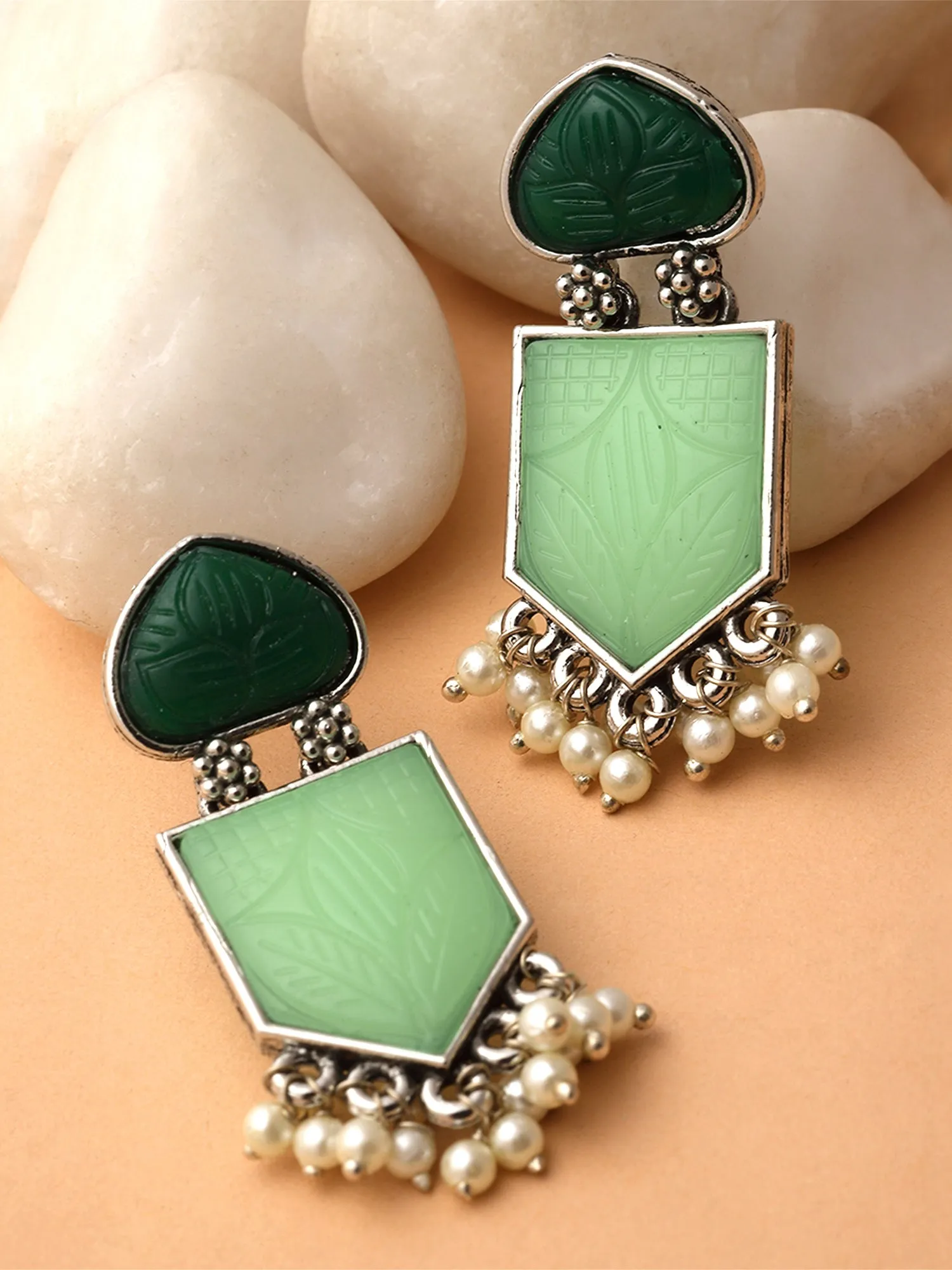 Karatcart Silver Tone Dark Green & Lime Green Carved Stone Studded Drop Earrings for Women