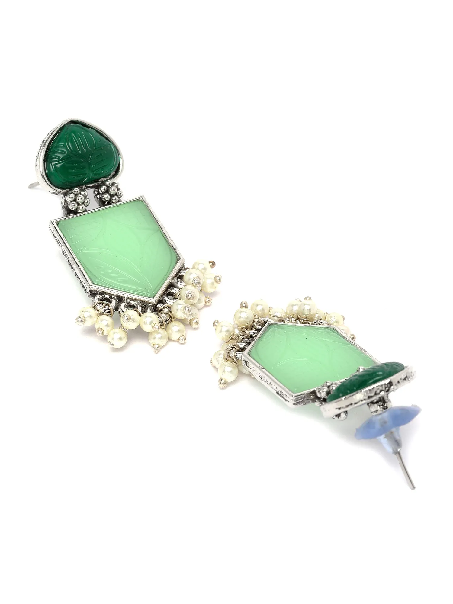 Karatcart Silver Tone Dark Green & Lime Green Carved Stone Studded Drop Earrings for Women