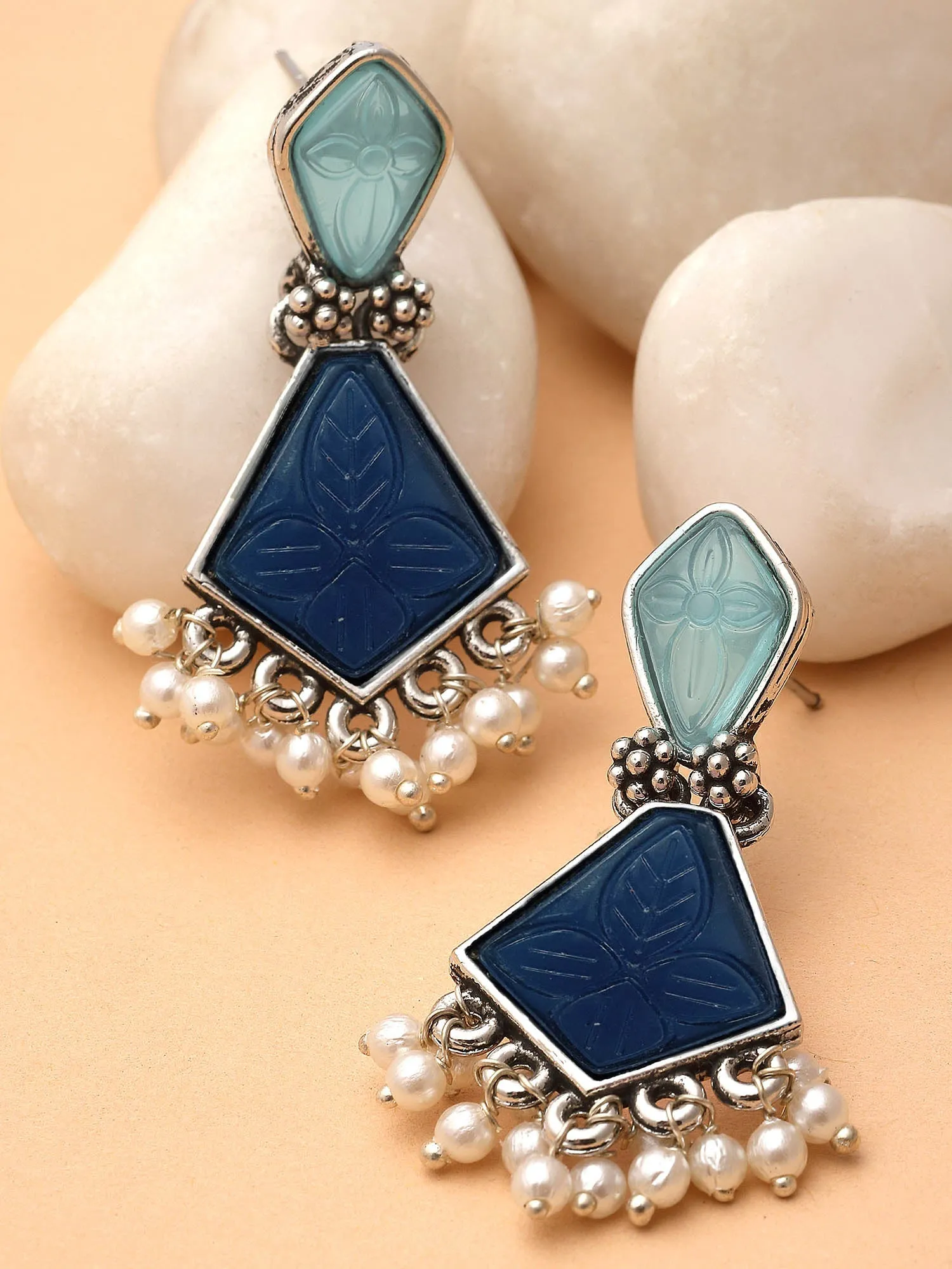 Karatcart Silver Tone Diamond Shape Blue Carved Stone Studded Drop Earrings for Women