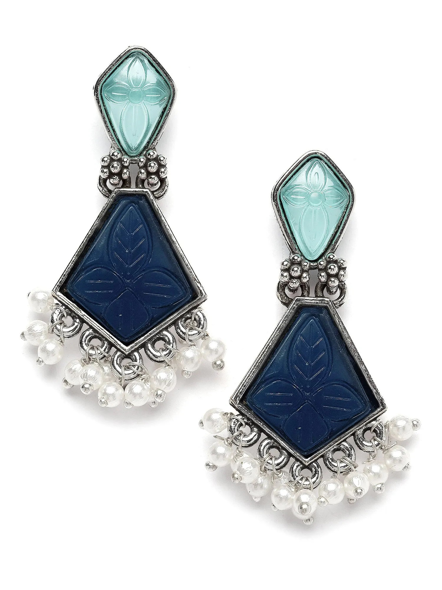 Karatcart Silver Tone Diamond Shape Blue Carved Stone Studded Drop Earrings for Women