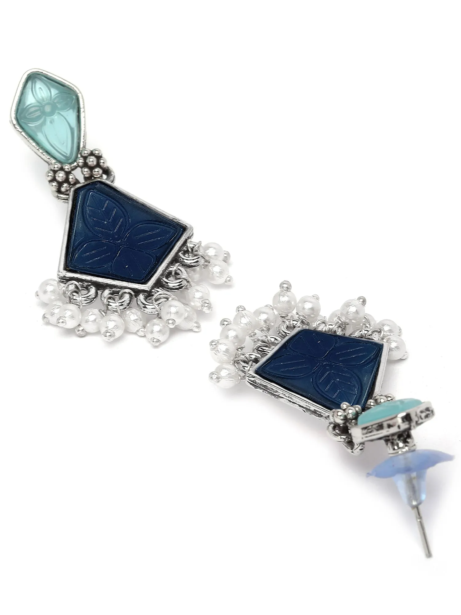 Karatcart Silver Tone Diamond Shape Blue Carved Stone Studded Drop Earrings for Women
