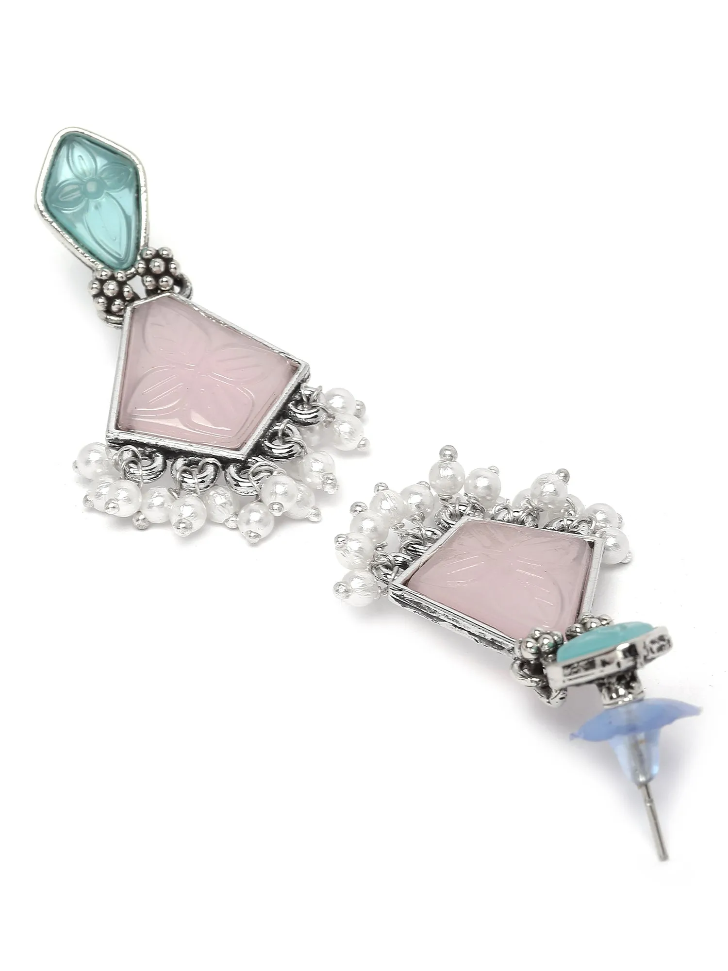 Karatcart Silver Tone Diamond Shape Pink and Blue Carved Stone Studded Drop Earrings for Women