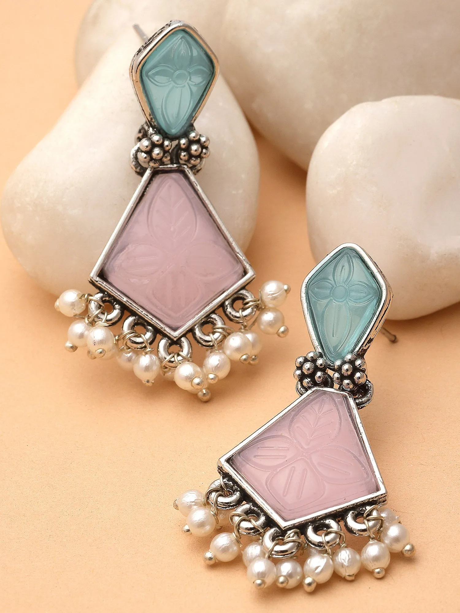 Karatcart Silver Tone Diamond Shape Pink and Blue Carved Stone Studded Drop Earrings for Women