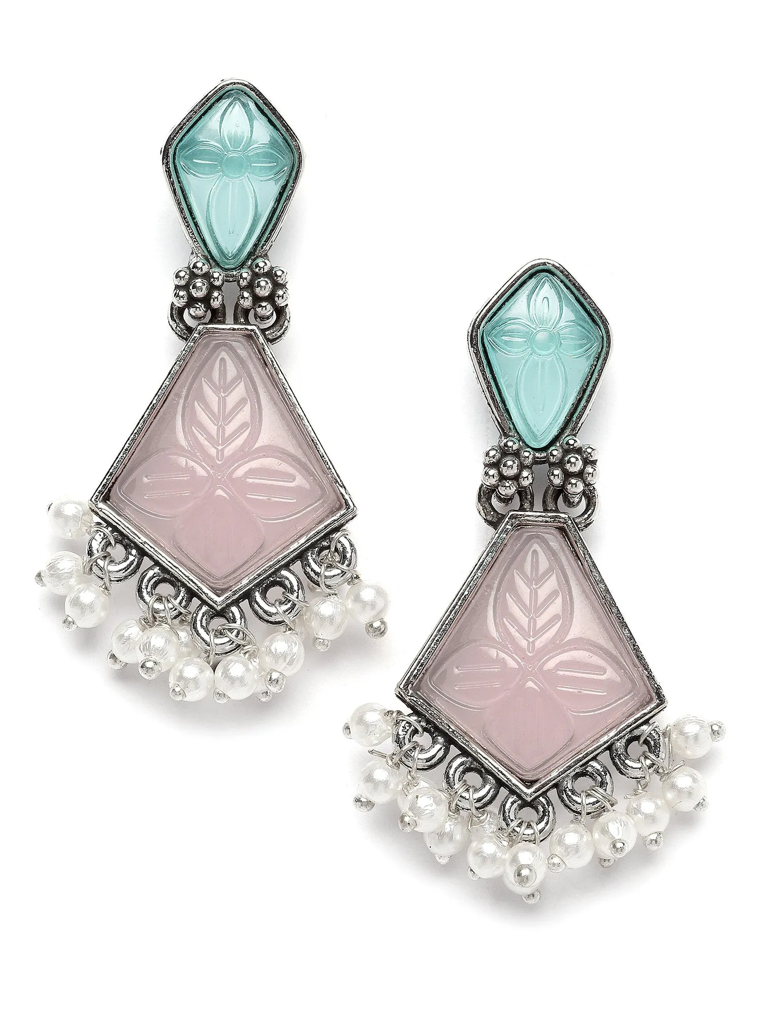 Karatcart Silver Tone Diamond Shape Pink and Blue Carved Stone Studded Drop Earrings for Women