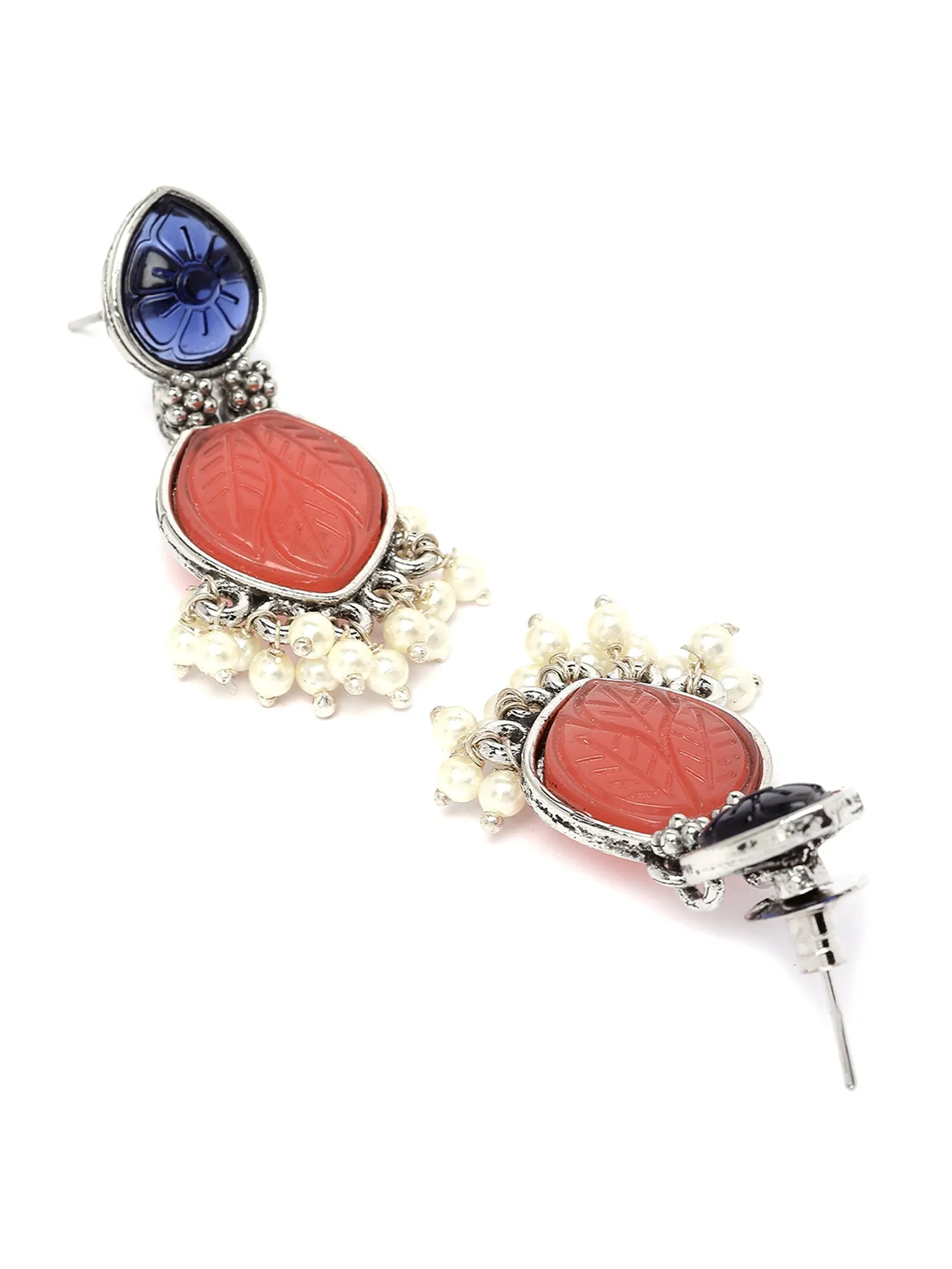 Karatcart Silver Tone Drop Shape Blue & Peach Carved Stone Studded Drop Earrings for Women