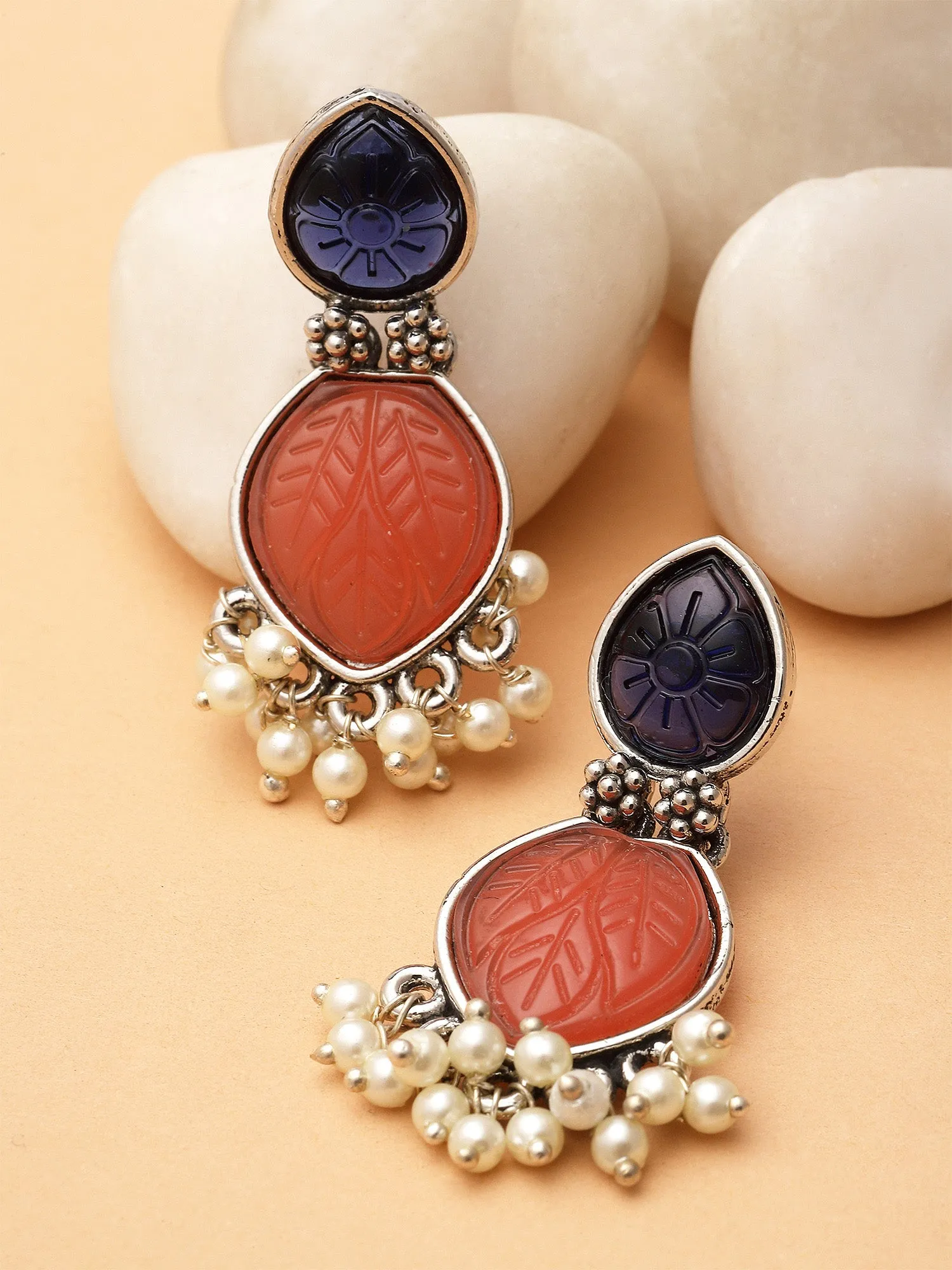 Karatcart Silver Tone Drop Shape Blue & Peach Carved Stone Studded Drop Earrings for Women