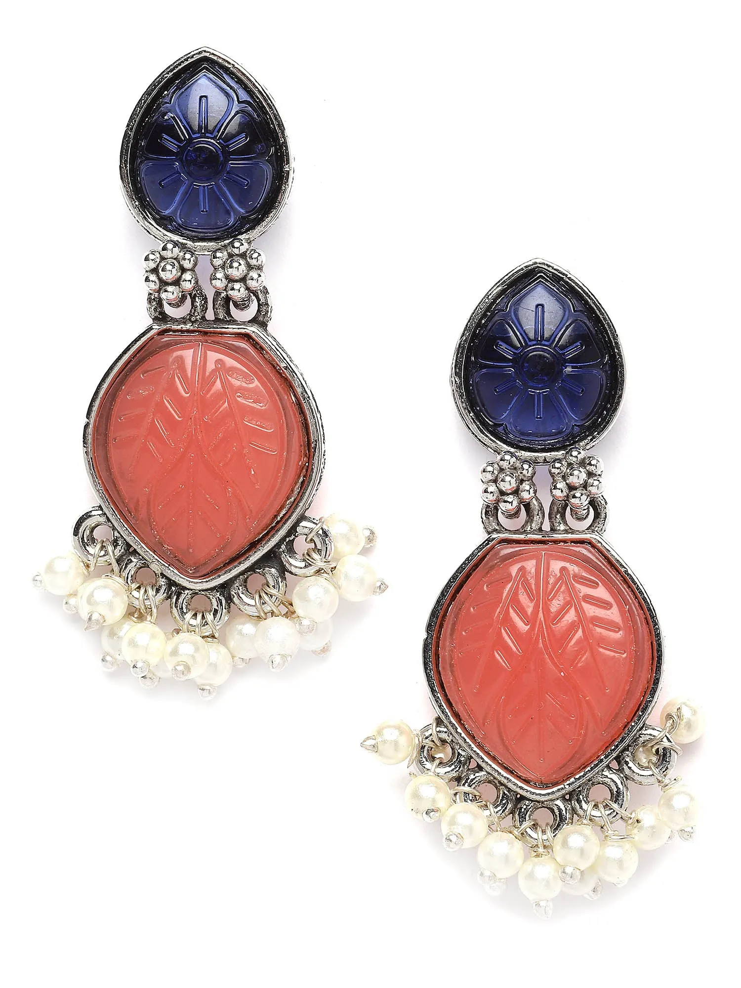 Karatcart Silver Tone Drop Shape Blue & Peach Carved Stone Studded Drop Earrings for Women