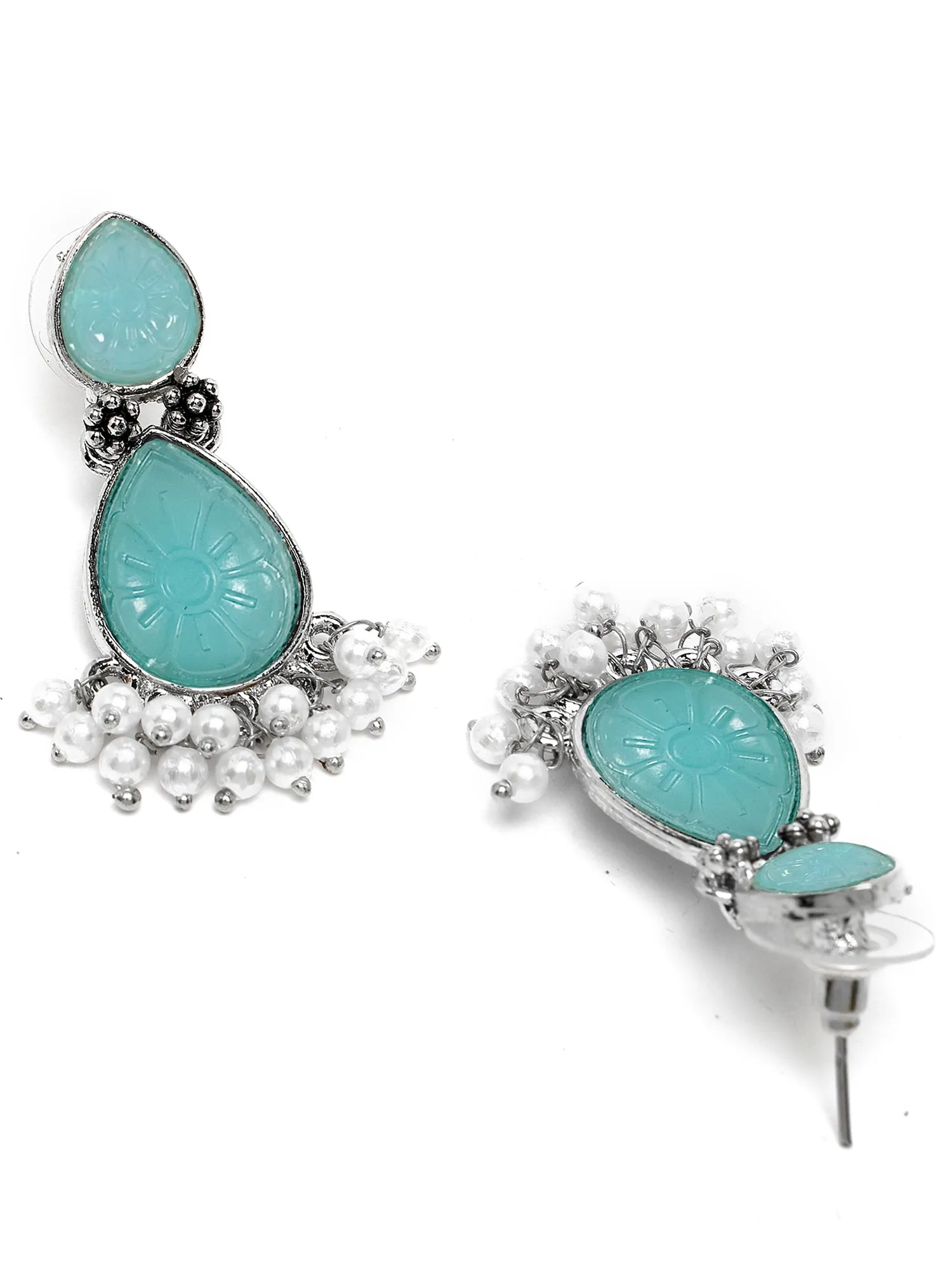Karatcart Silver Tone Drop Shape Light Blue Carved Stone Studded Drop Earrings for Women