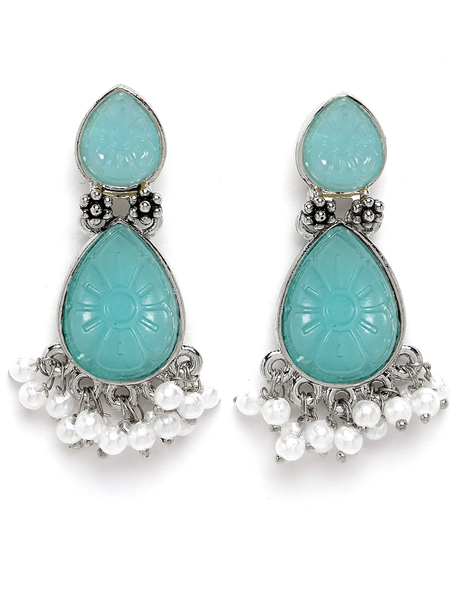 Karatcart Silver Tone Drop Shape Light Blue Carved Stone Studded Drop Earrings for Women