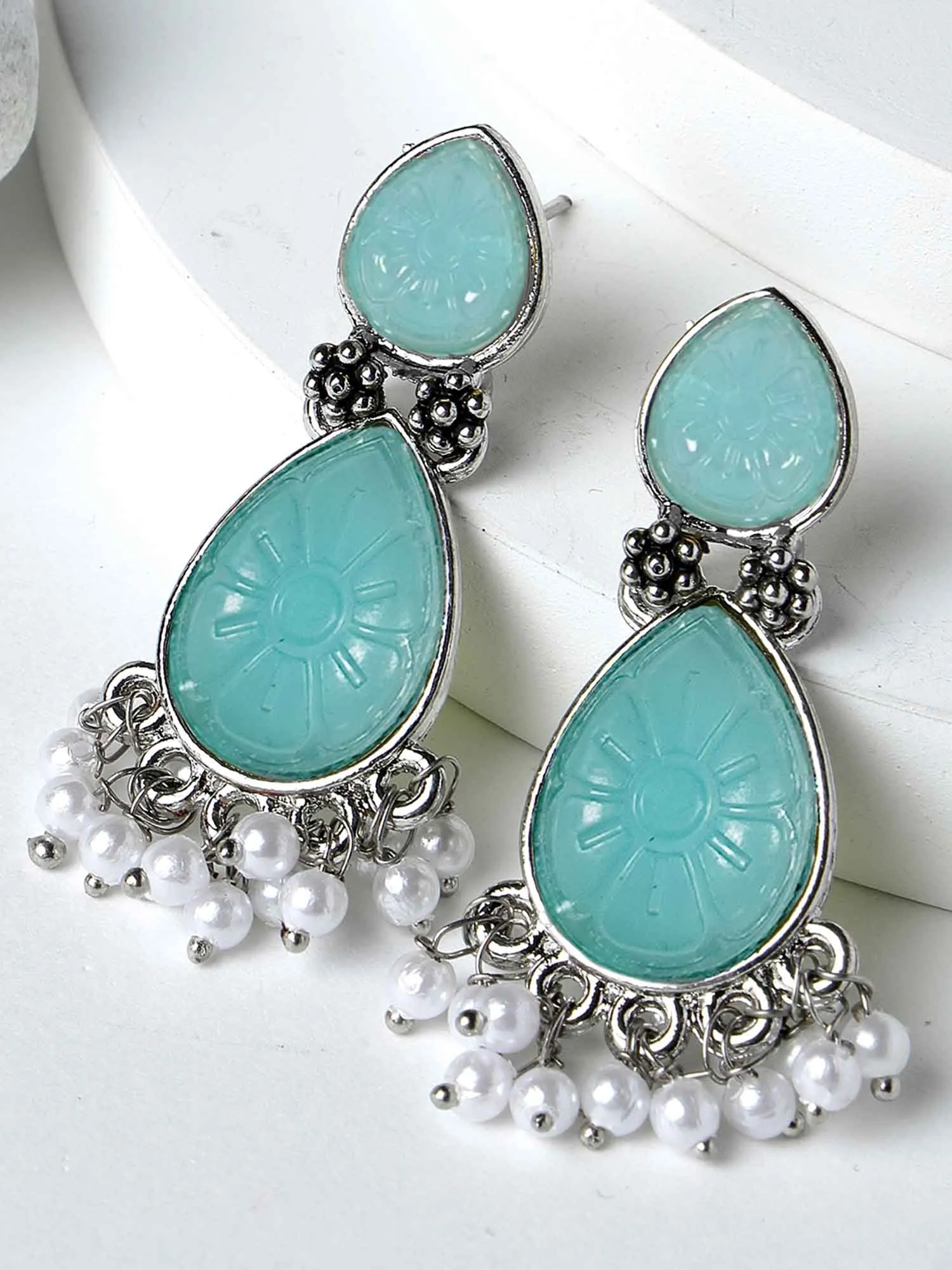 Karatcart Silver Tone Drop Shape Light Blue Carved Stone Studded Drop Earrings for Women